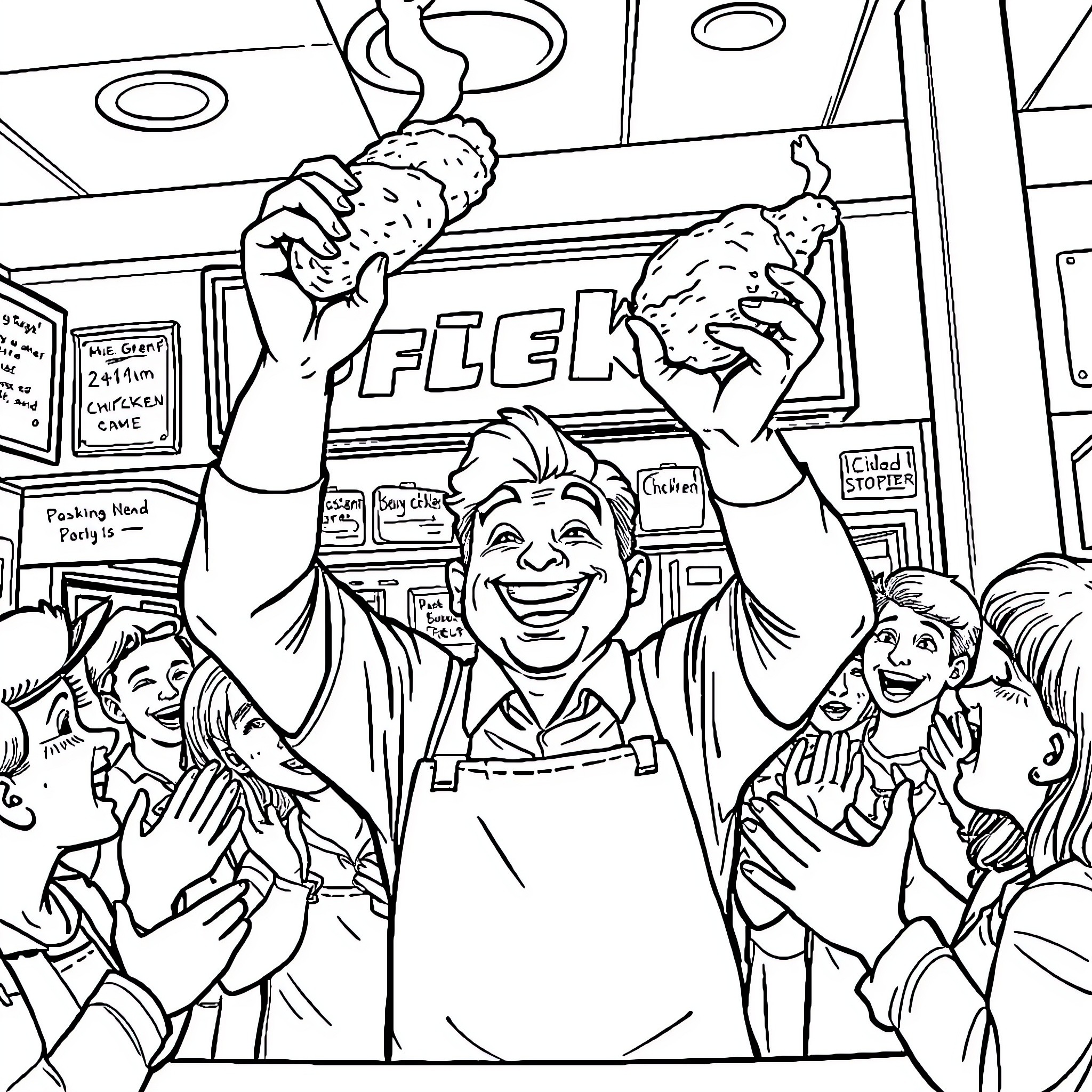 Man Joyfully Celebrating in Convenience Store Coloring Page (free black-and-white line drawing printable PDF for all, from beginners to advanced learners, including children, teens, adults, and seniors)