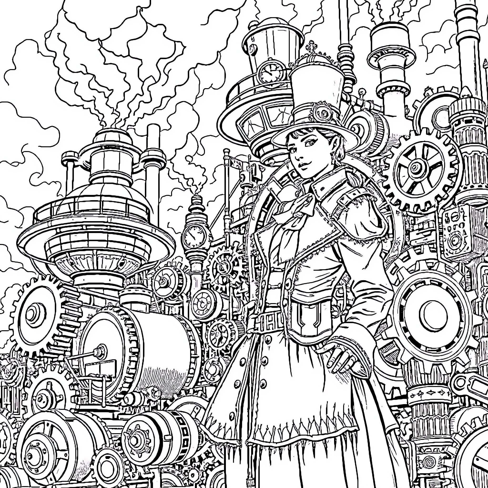 Steampunk Empress Presiding Over Mechanical Marvels Coloring Page (free black-and-white line drawing printable PDF for all, from beginners to advanced learners, including children, teens, adults, and seniors)