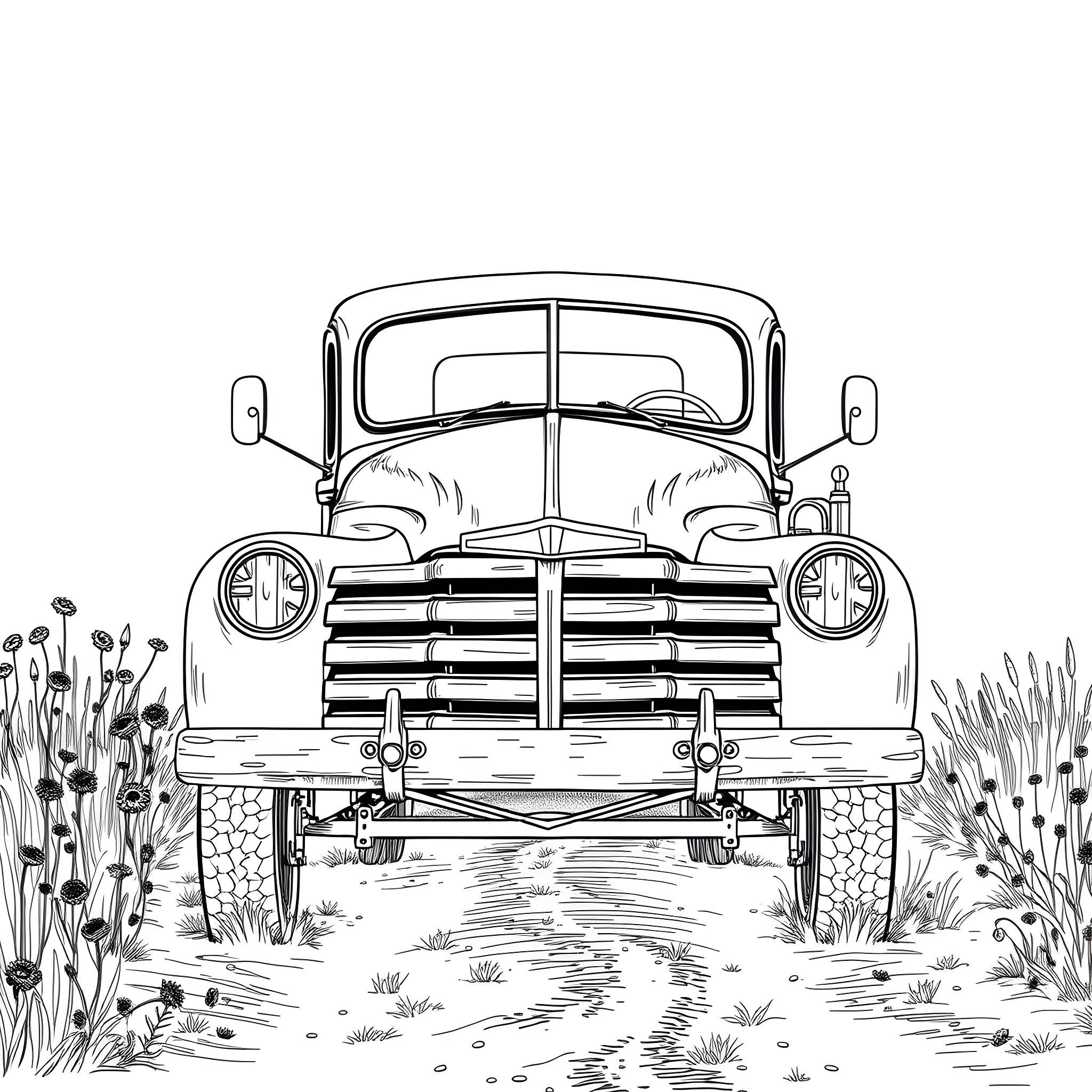 Truck Parked in Grassy Field with Wildflowers Coloring Page (free black-and-white line drawing printable PDF for all, from beginners to advanced learners, including children, teens, adults, and seniors)