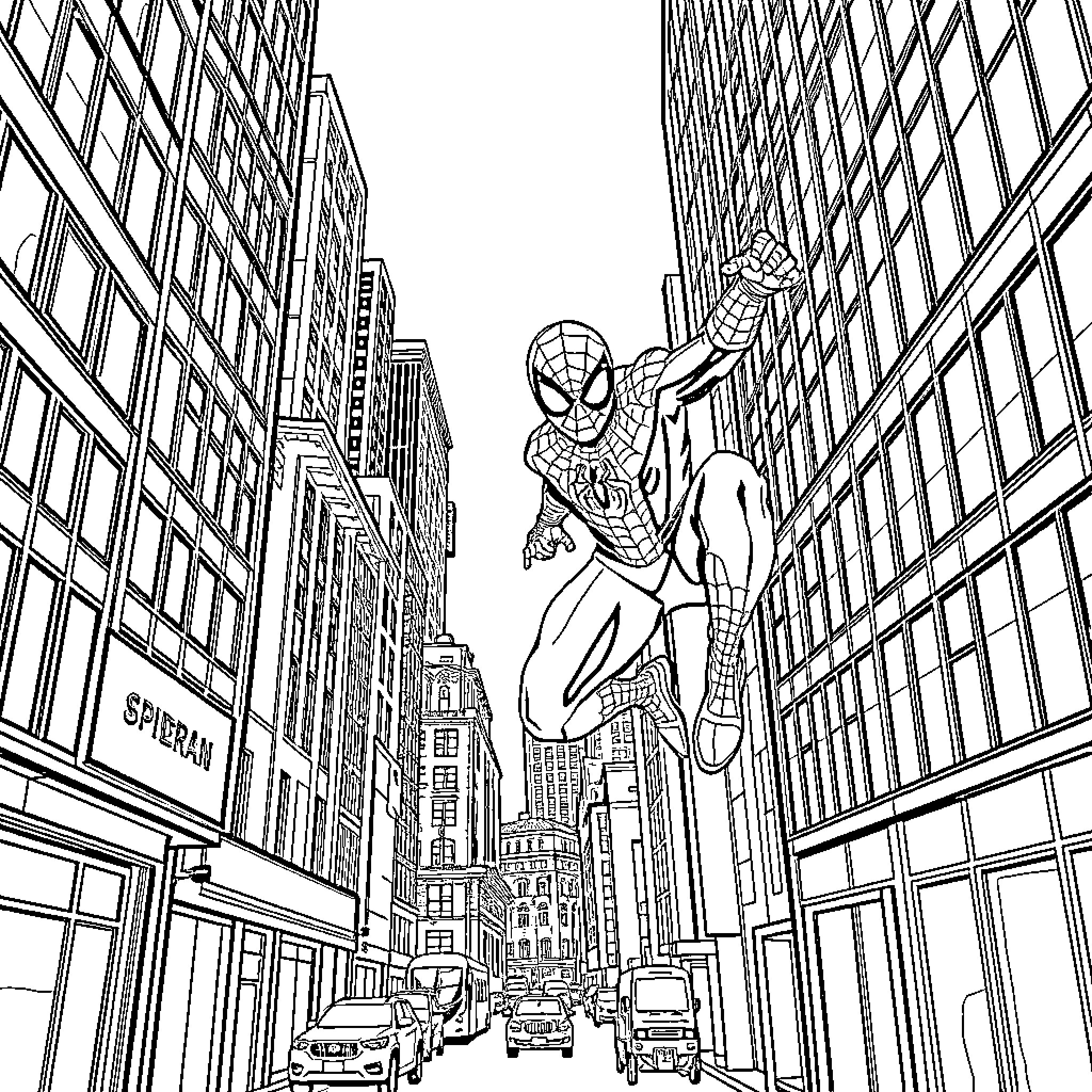 Spiderman swinging through the city streets Coloring Page (free black-and-white line drawing printable PDF for all, from beginners to advanced learners, including children, teens, adults, and seniors)