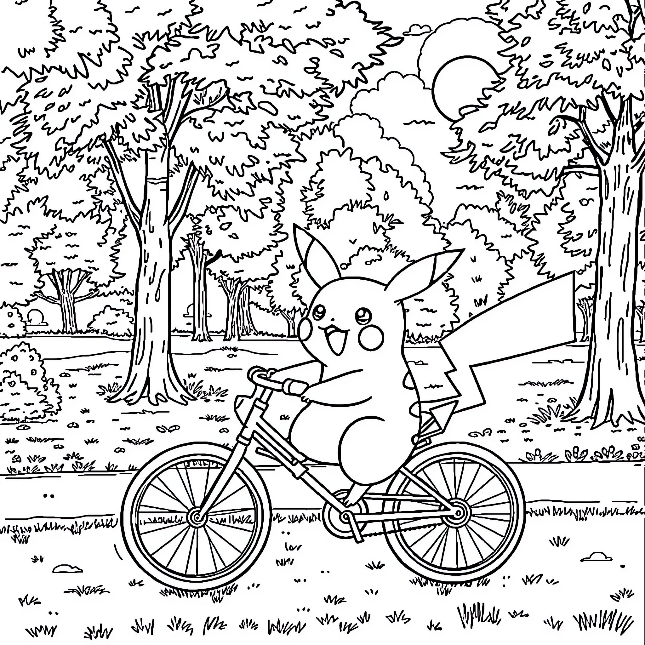 Pikachu riding a bicycle in a forest Coloring Page (free black-and-white line drawing printable PDF for all, from beginners to advanced learners, including children, teens, adults, and seniors)