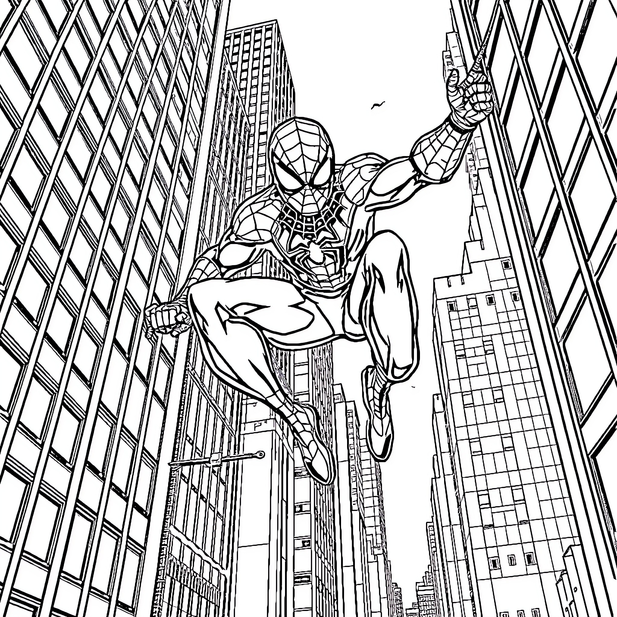 Spiderman swinging through the city skyscrapers Coloring Page (free black-and-white line drawing printable PDF for all, from beginners to advanced learners, including children, teens, adults, and seniors)