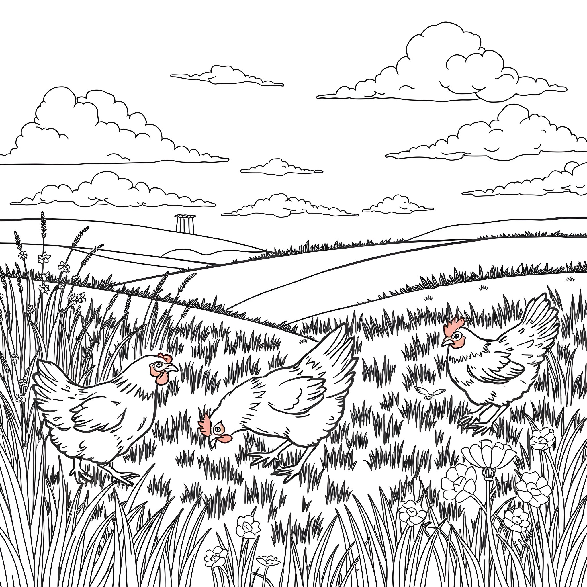 Chickens roaming in a lush countryside landscape Coloring Page (free black-and-white line drawing printable PDF for all, from beginners to advanced learners, including children, teens, adults, and seniors)