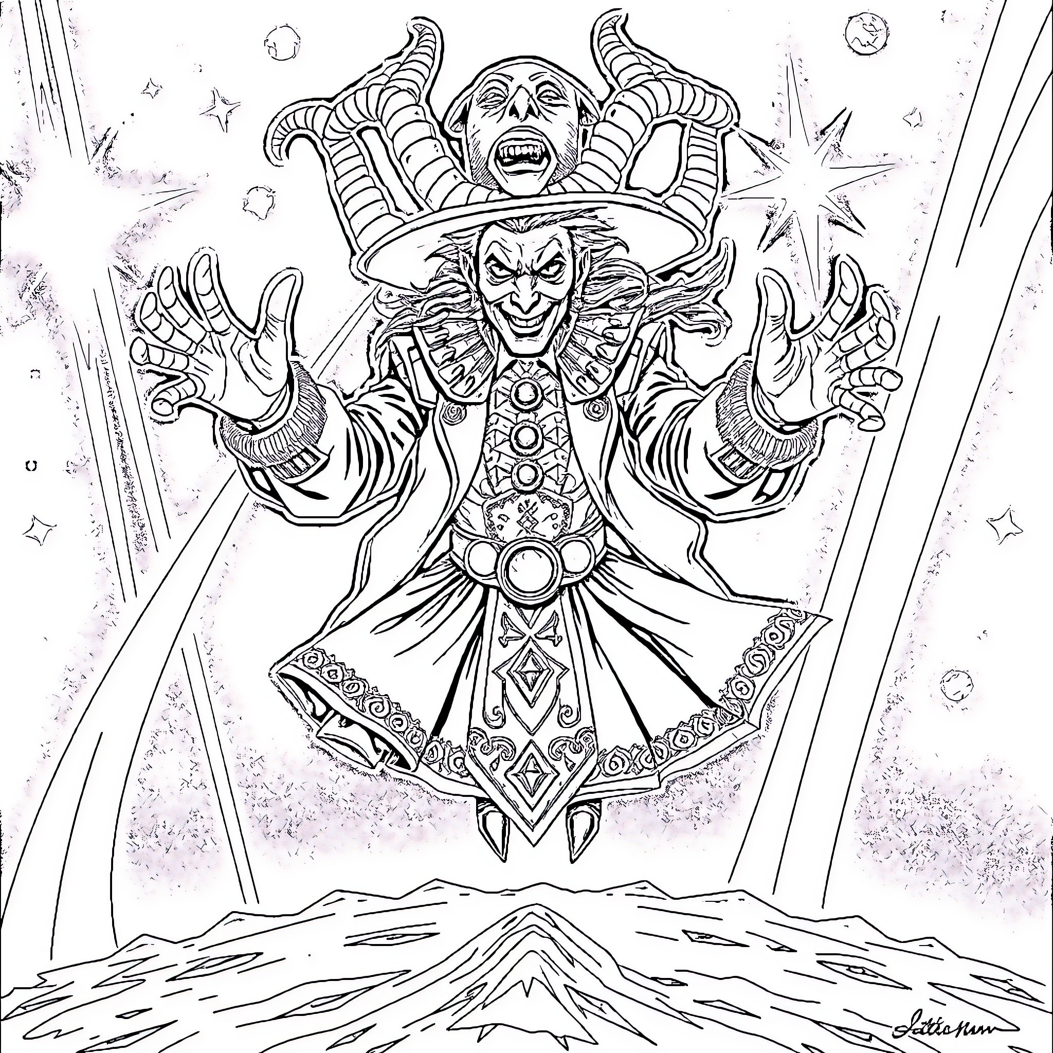 Loki's Mischievous Masquerade Coloring Page (free black-and-white line drawing printable PDF for all, from beginners to advanced learners, including children, teens, adults, and seniors)