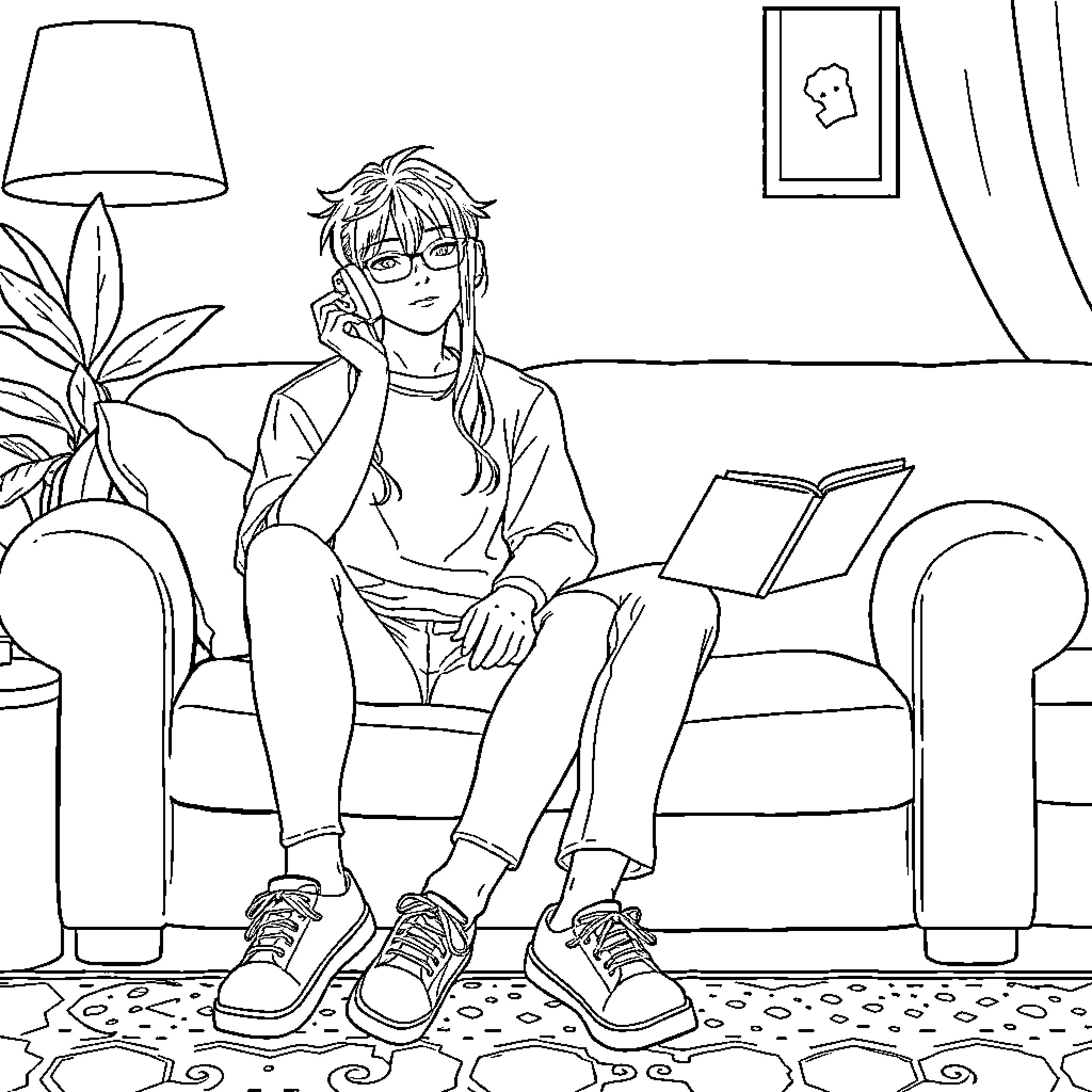Huntrix in a cozy indoor setting Coloring Page (free black-and-white line drawing printable PDF for all, from beginners to advanced learners, including children, teens, adults, and seniors)