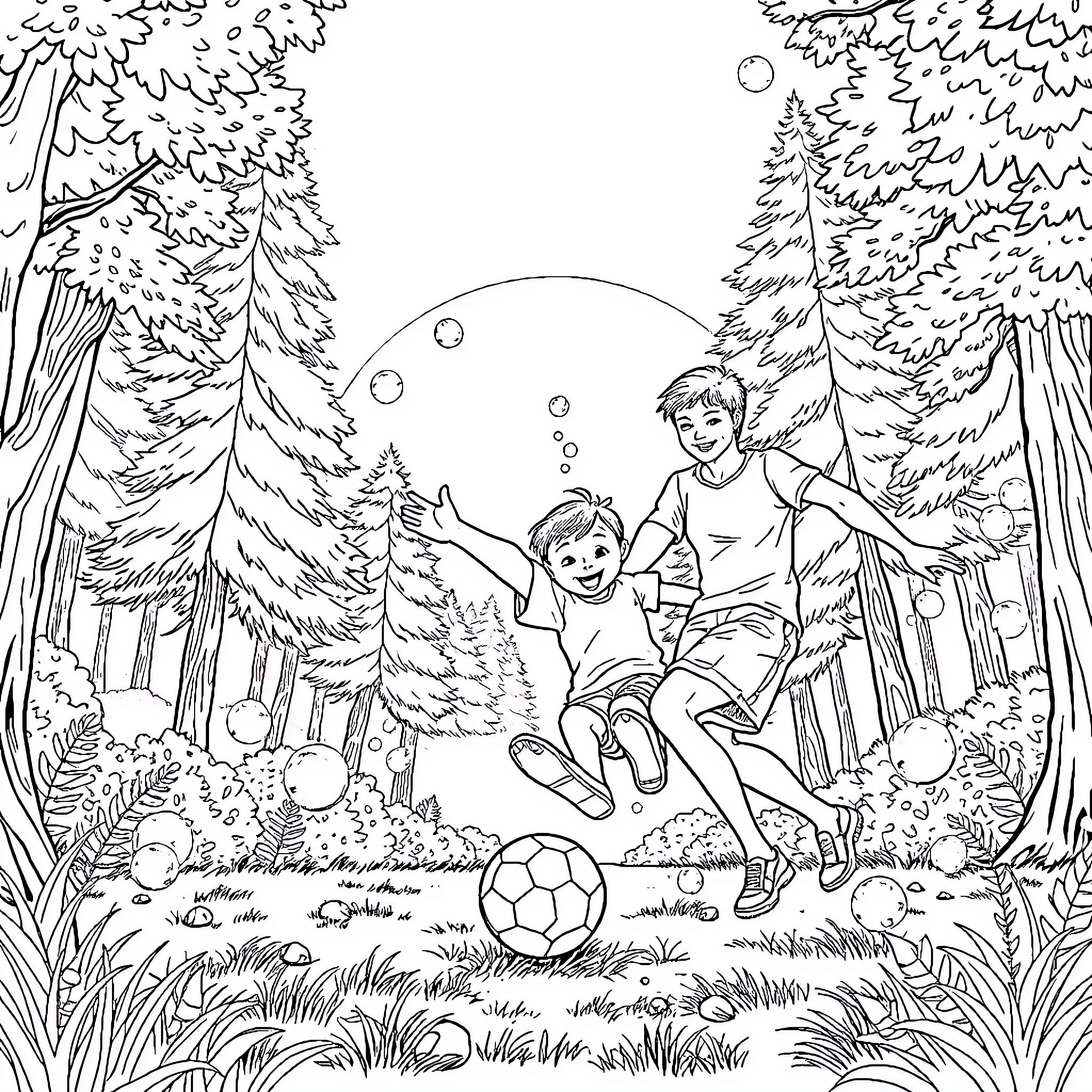 Soccer friends playing in the forest Coloring Page (free black-and-white line drawing printable PDF for all, from beginners to advanced learners, including children, teens, adults, and seniors)