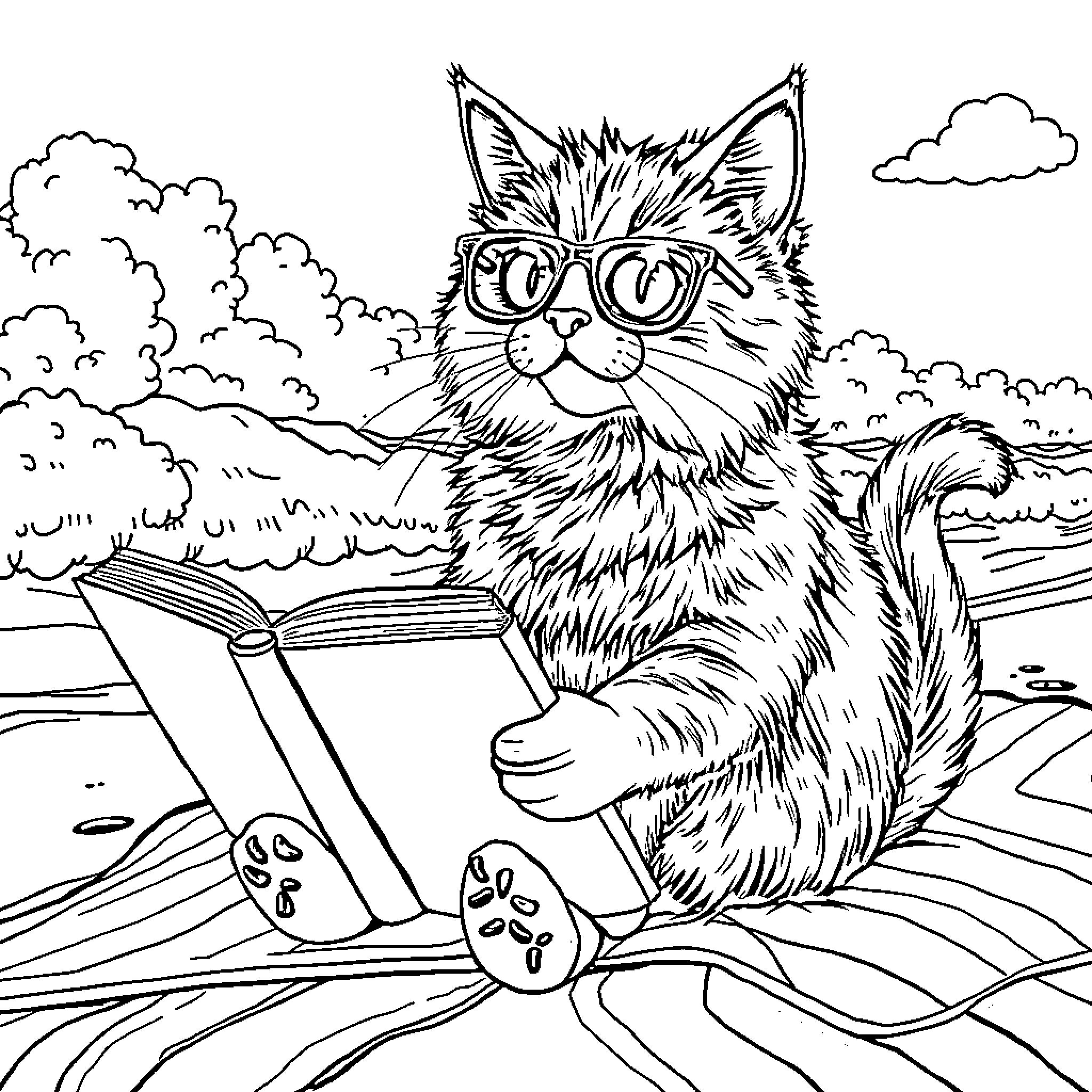 Cat Reading a Book in Nature Coloring Page (free black-and-white line drawing printable PDF for all, from beginners to advanced learners, including children, teens, adults, and seniors)