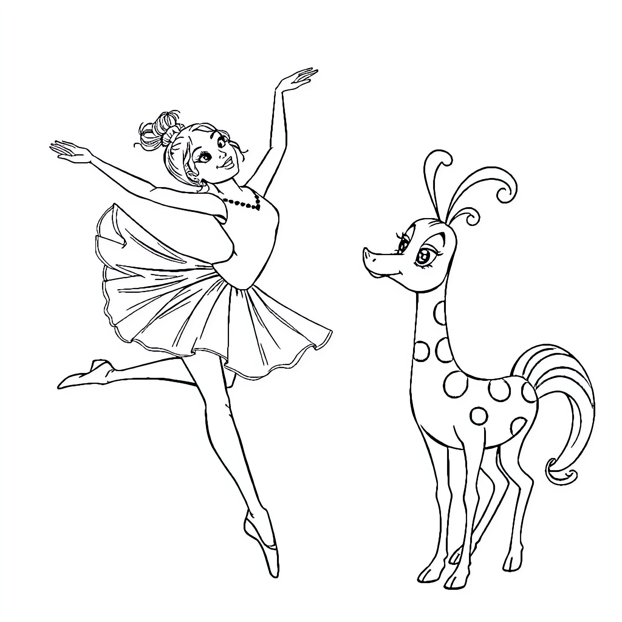 Ballerina dancing gracefully with spotted animal companion Coloring Page (free black-and-white line drawing printable PDF for all, from beginners to advanced learners, including children, teens, adults, and seniors)
