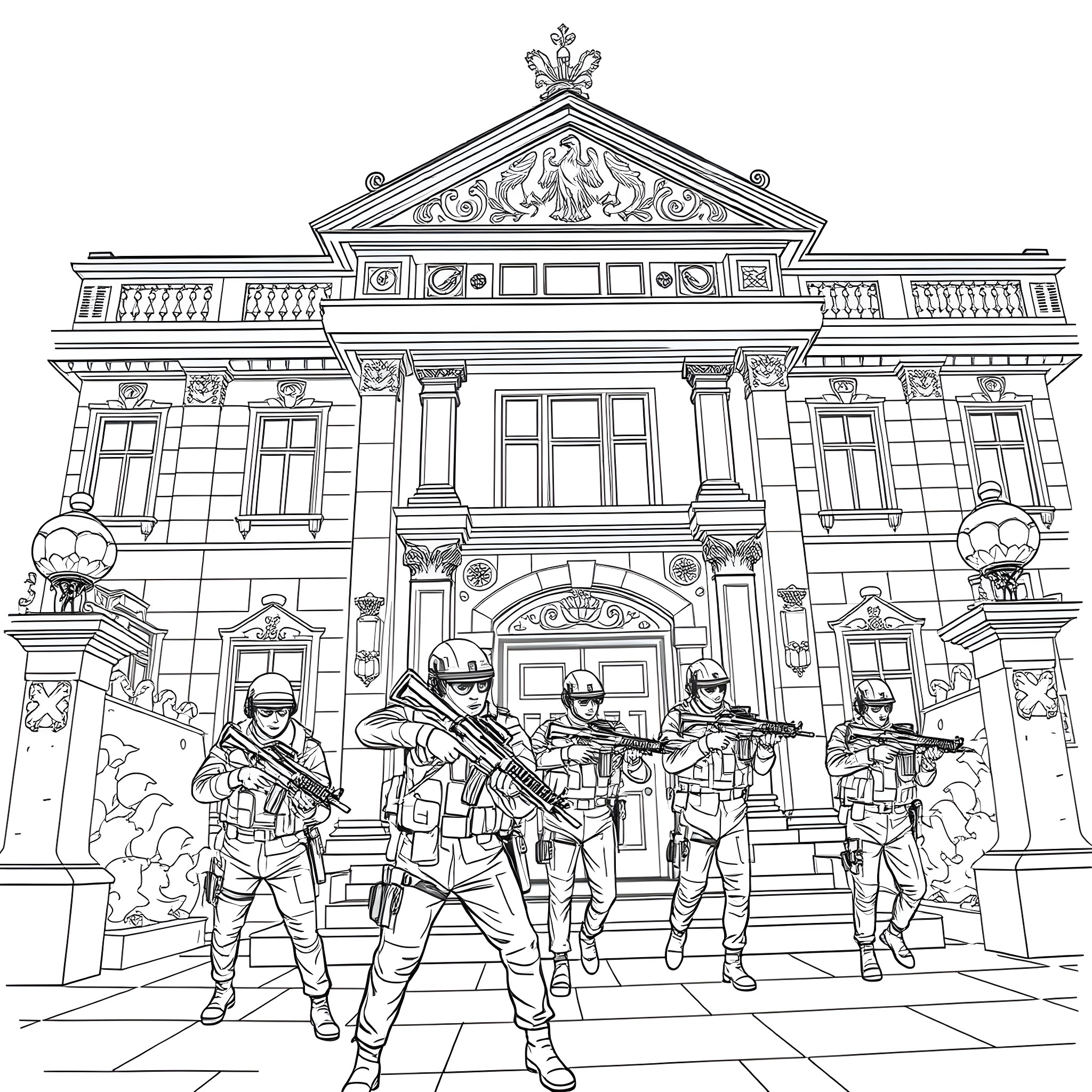 SAS Military Team in Front of Ornate Building Coloring Page (free black-and-white line drawing printable PDF for all, from beginners to advanced learners, including children, teens, adults, and seniors)