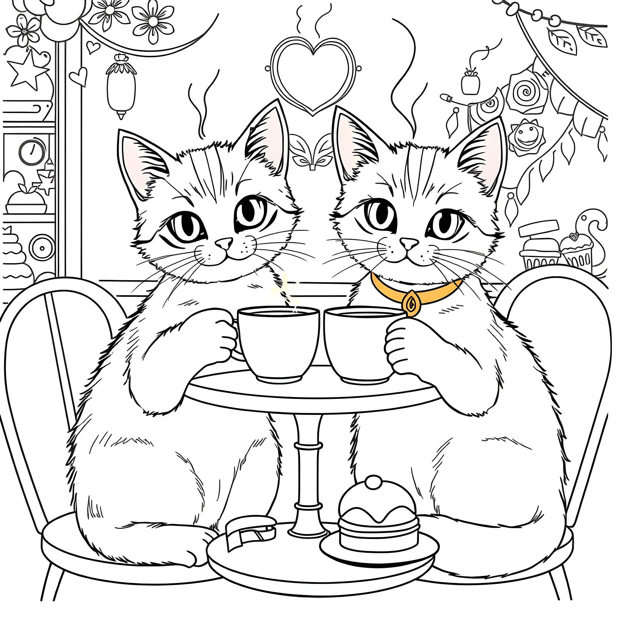 Cats enjoying a cozy tea party Coloring Page (free black-and-white line drawing printable PDF for all, from beginners to advanced learners, including children, teens, adults, and seniors)