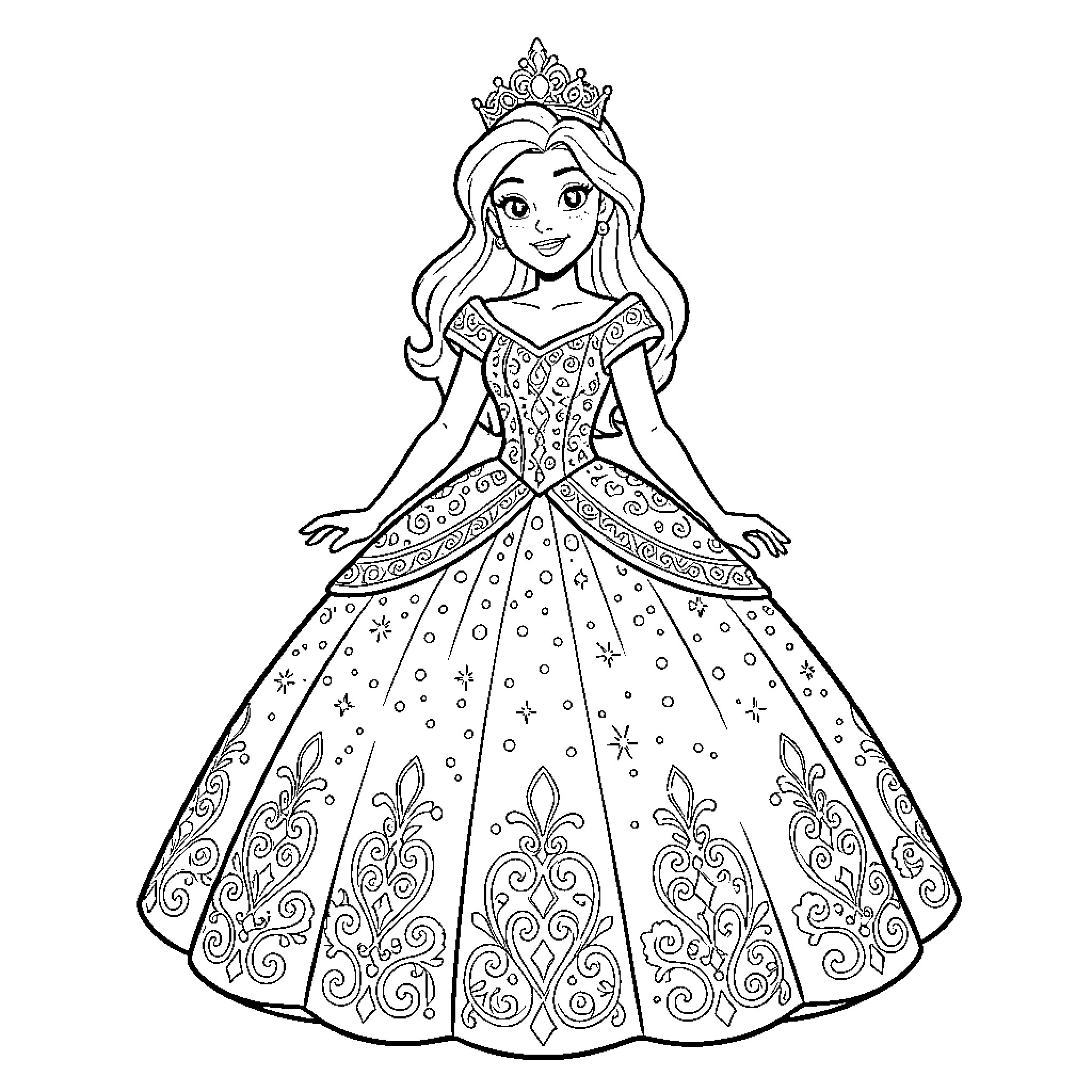 Disney Princess in Elegant Gown and Crown Coloring Page (free black-and-white line drawing printable PDF for all, from beginners to advanced learners, including children, teens, adults, and seniors)
