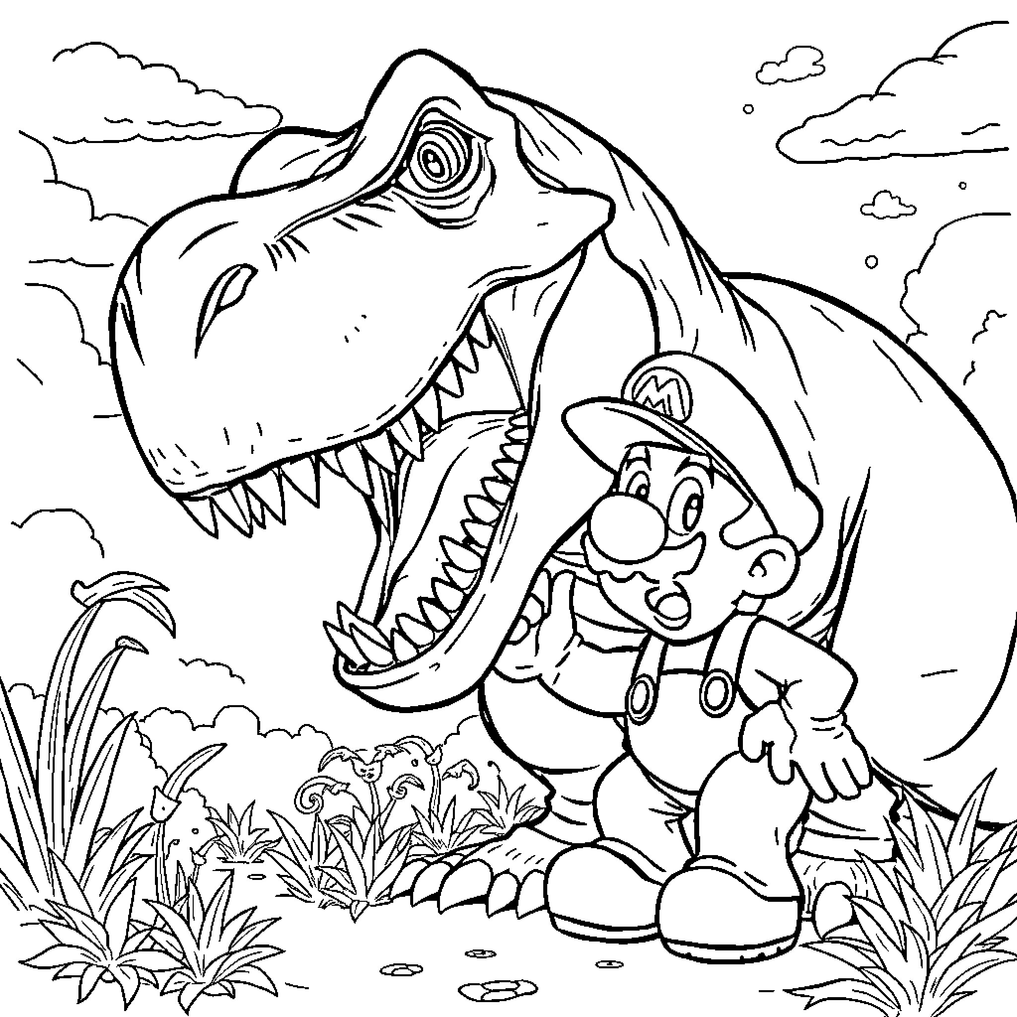 Dino and the Tiny Adventurer Coloring Page (free black-and-white line drawing printable PDF for all, from beginners to advanced learners, including children, teens, adults, and seniors)
