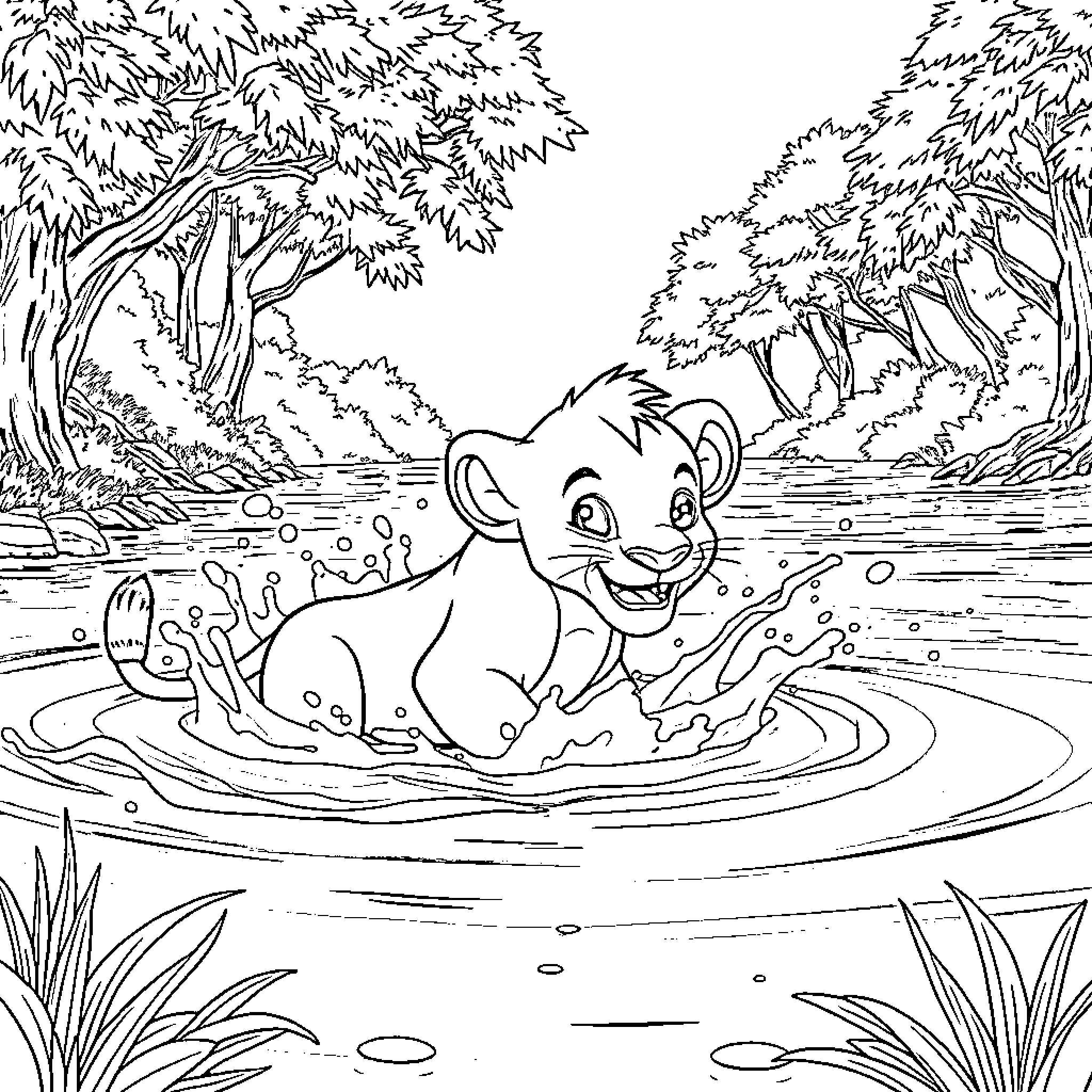 Simba playing joyfully in the serene forest lake Coloring Page (free black-and-white line drawing printable PDF for all, from beginners to advanced learners, including children, teens, adults, and seniors)