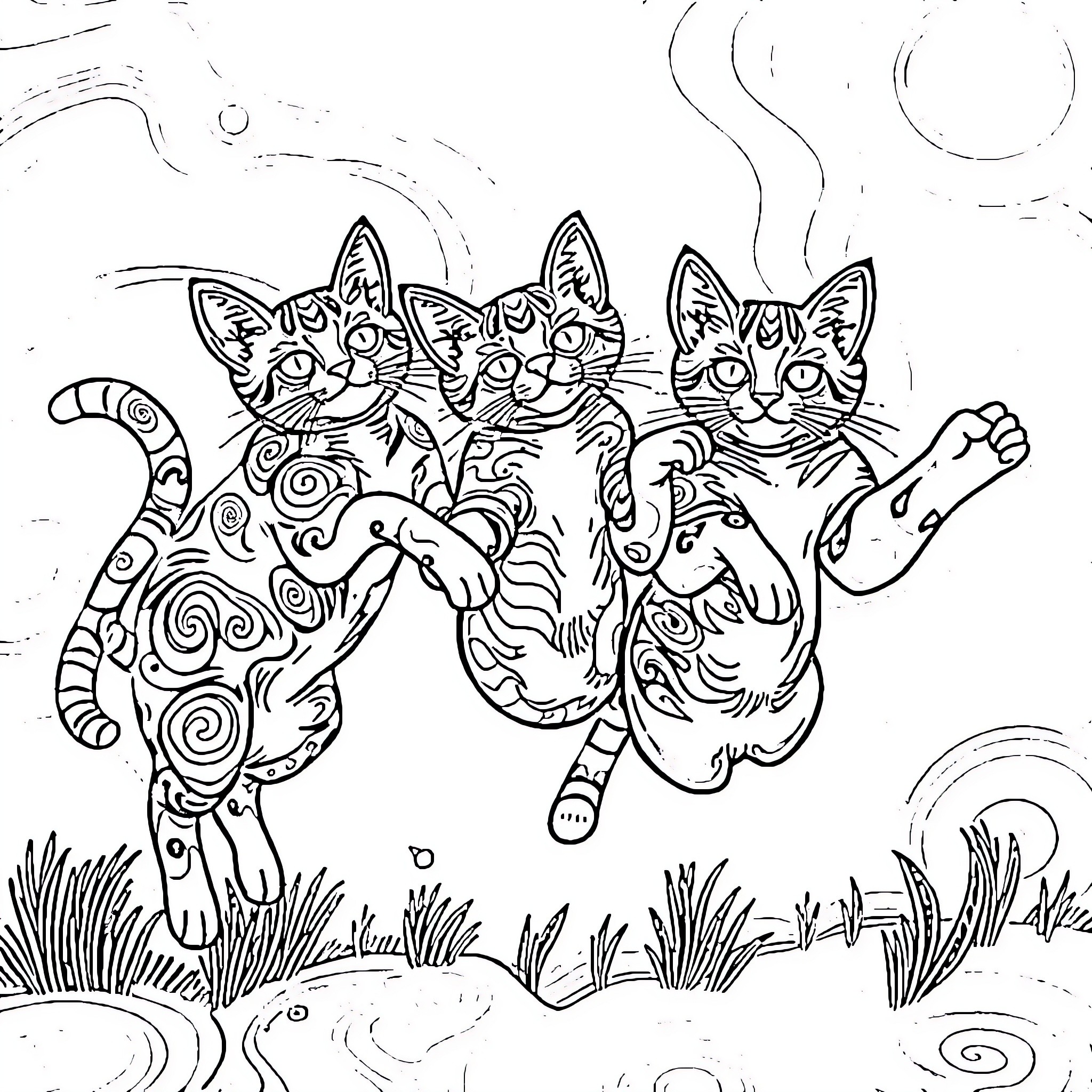 Cat trio frolicking in the wild Coloring Page (free black-and-white line drawing printable PDF for all, from beginners to advanced learners, including children, teens, adults, and seniors)