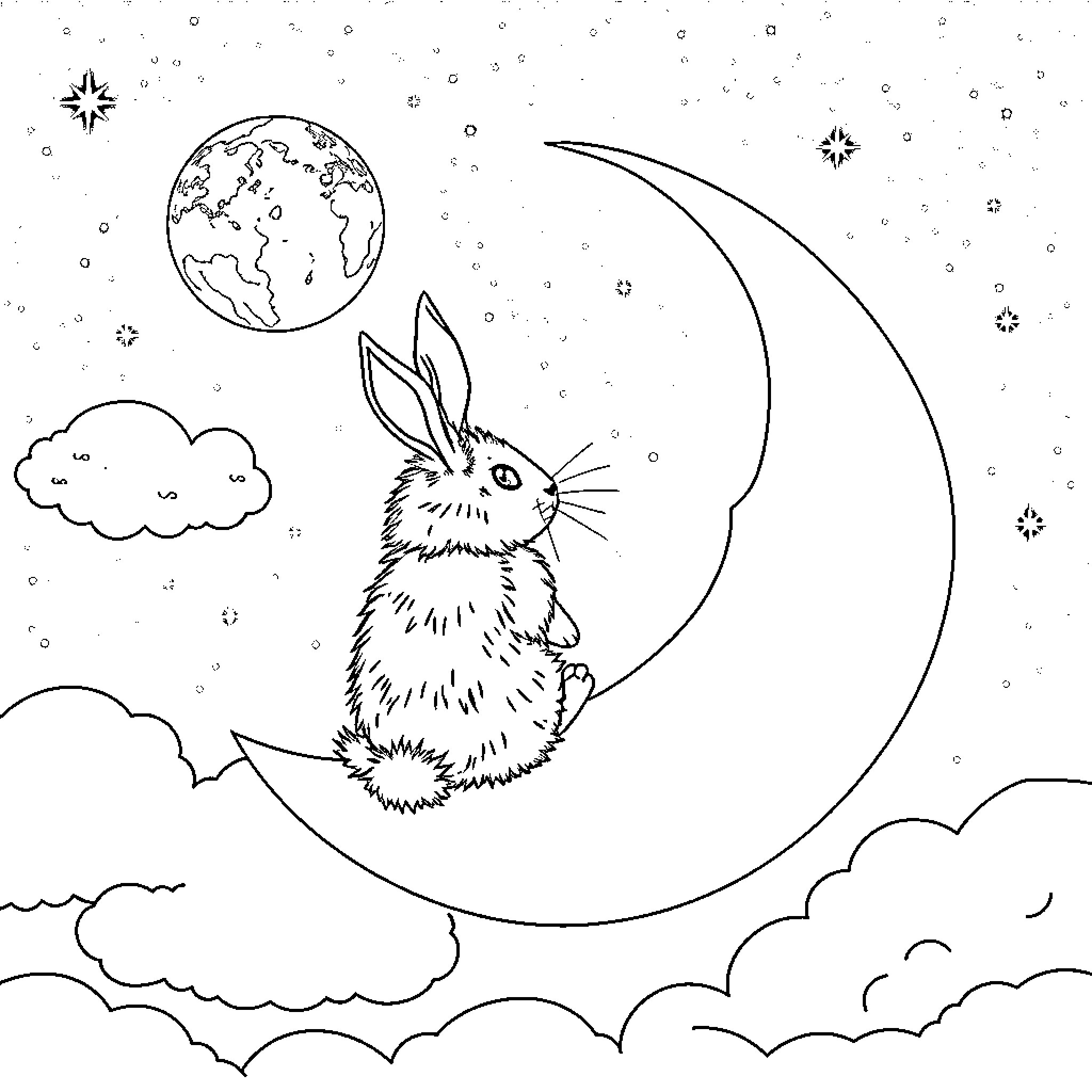 Rabbit resting on the crescent moon in the night sky Coloring Page (free black-and-white line drawing printable PDF for all, from beginners to advanced learners, including children, teens, adults, and seniors)