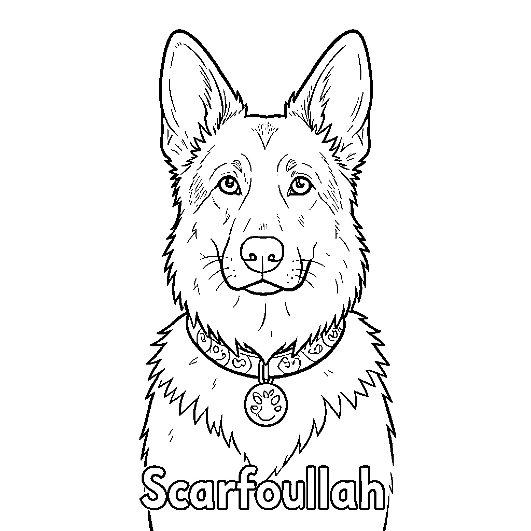 German Shepherd with Collar Wearing Tag Coloring Page (free black-and-white line drawing printable PDF for all, from beginners to advanced learners, including children, teens, adults, and seniors)