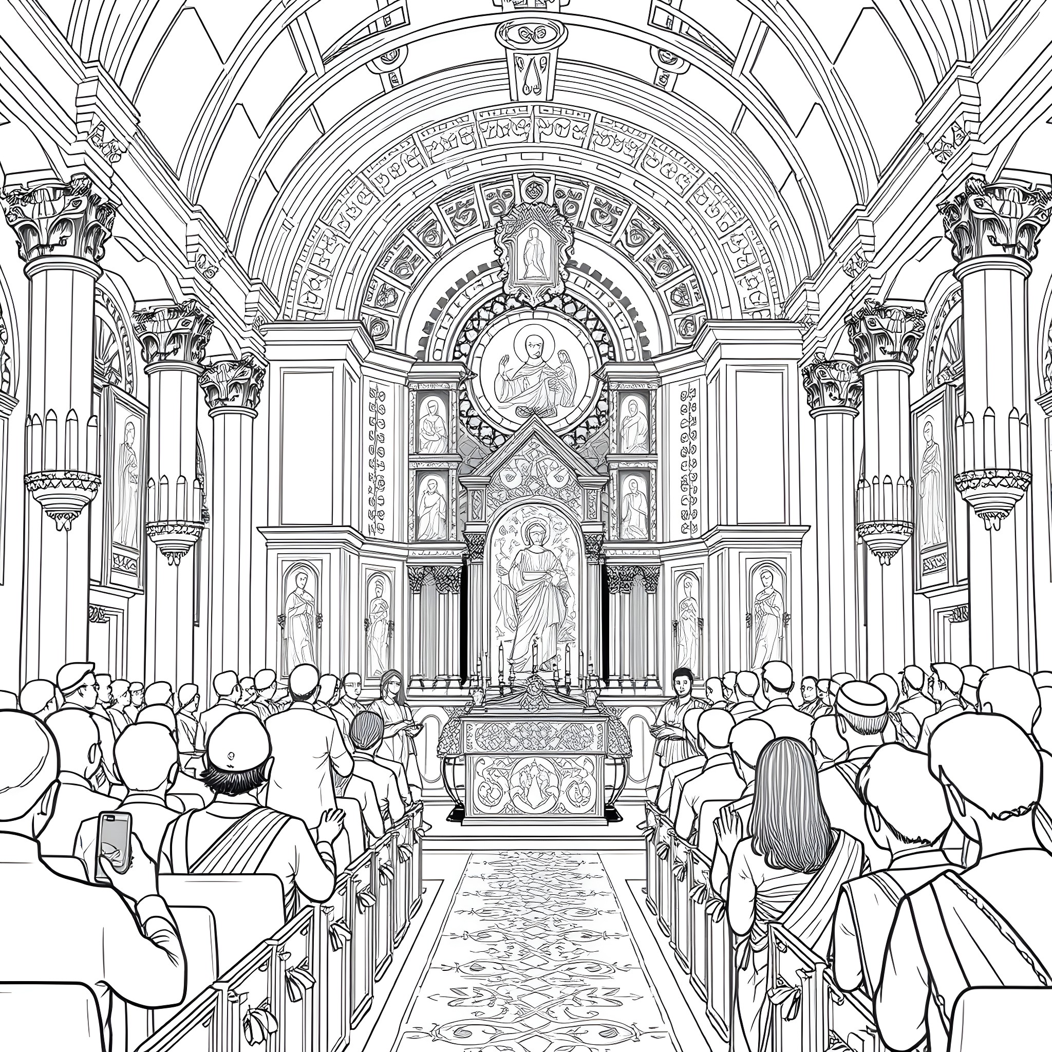 Church Interior with Faithful Worshippers Coloring Page (free black-and-white line drawing printable PDF for all, from beginners to advanced learners, including children, teens, adults, and seniors)