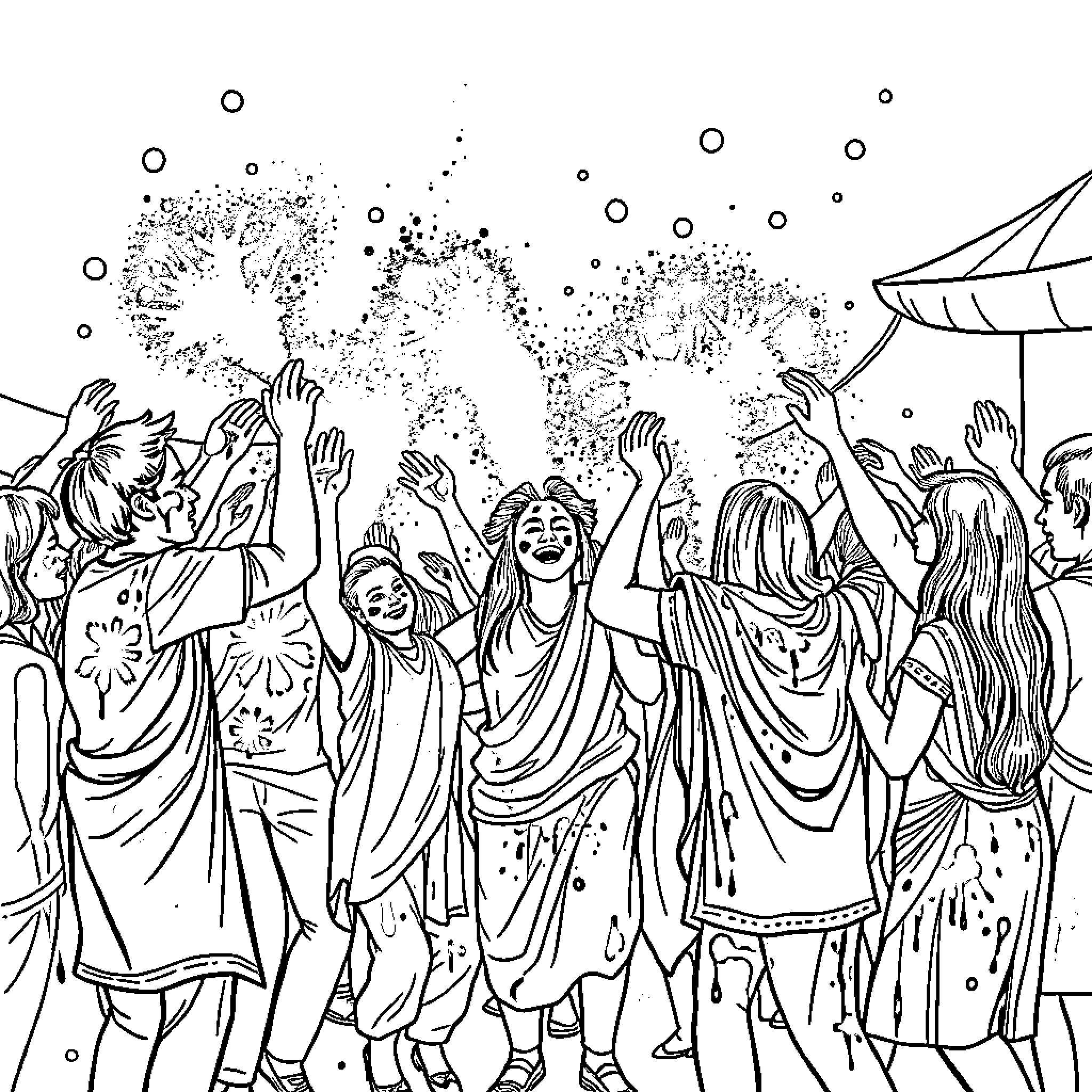 Holi Festival Celebrations with Joyful Expressions Coloring Page (free black-and-white line drawing printable PDF for all, from beginners to advanced learners, including children, teens, adults, and seniors)