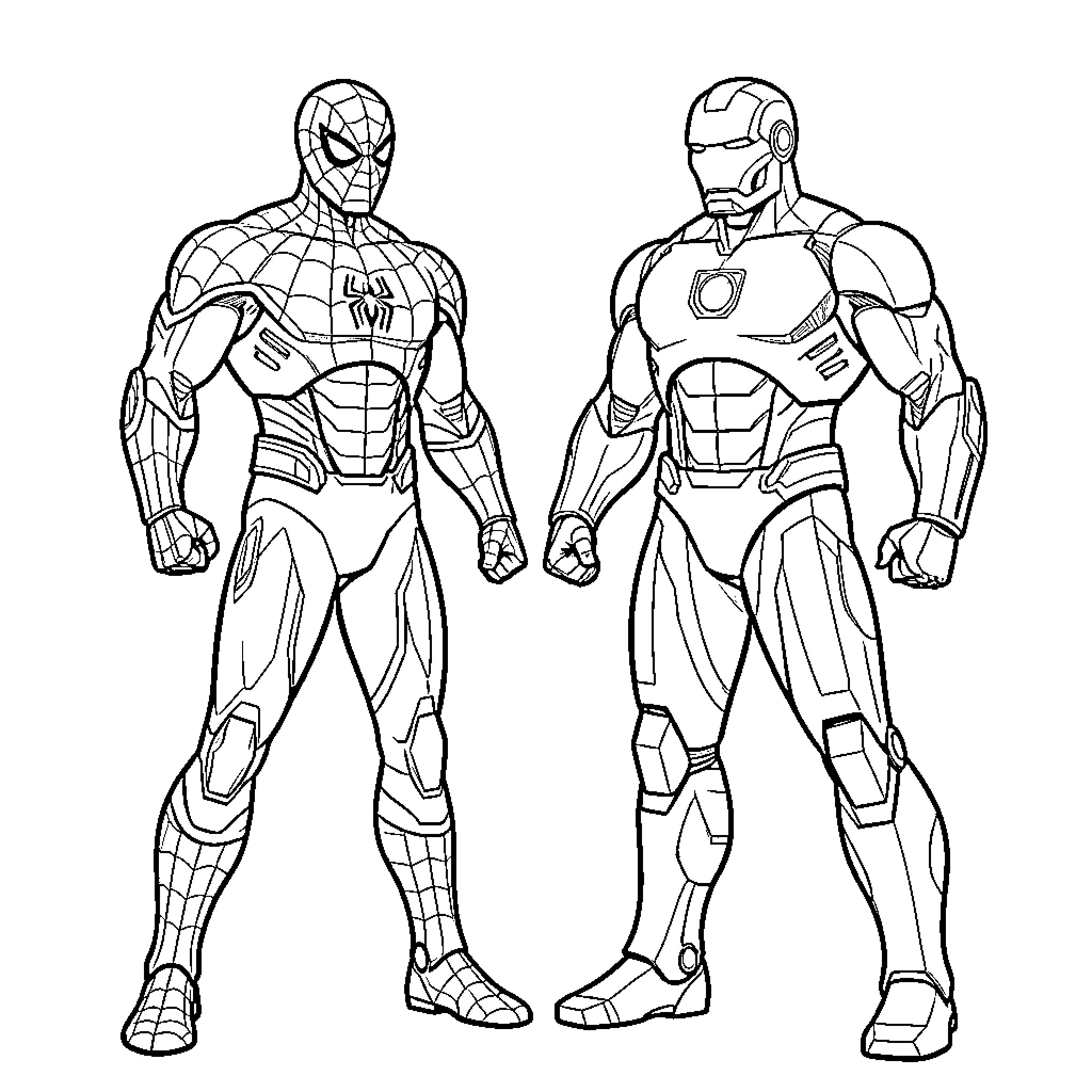 Spiderman and Iron Man standing in heroic poses Coloring Page (free black-and-white line drawing printable PDF for all, from beginners to advanced learners, including children, teens, adults, and seniors)
