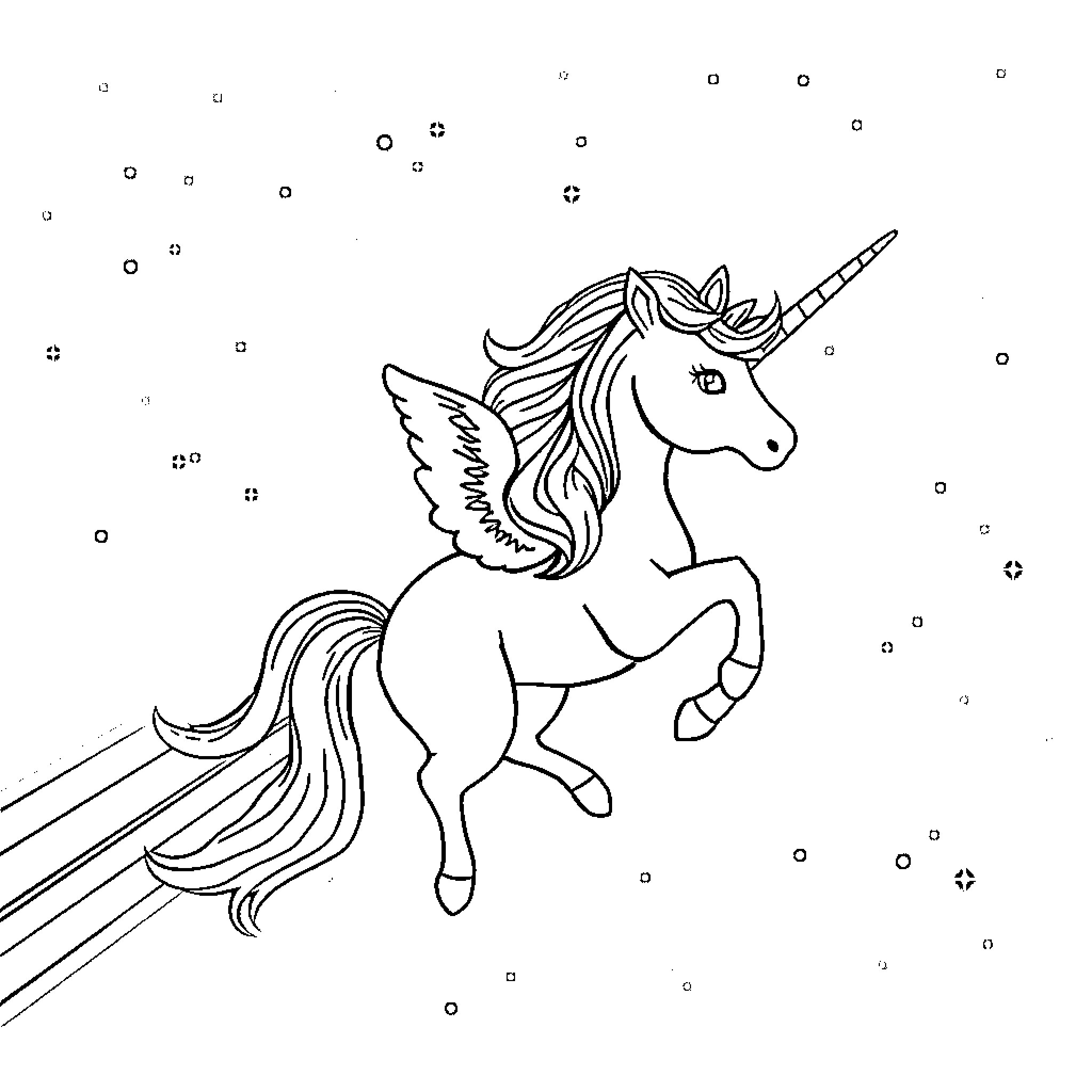 Unicorn galloping through a magical starry night Coloring Page (free black-and-white line drawing printable PDF for all, from beginners to advanced learners, including children, teens, adults, and seniors)