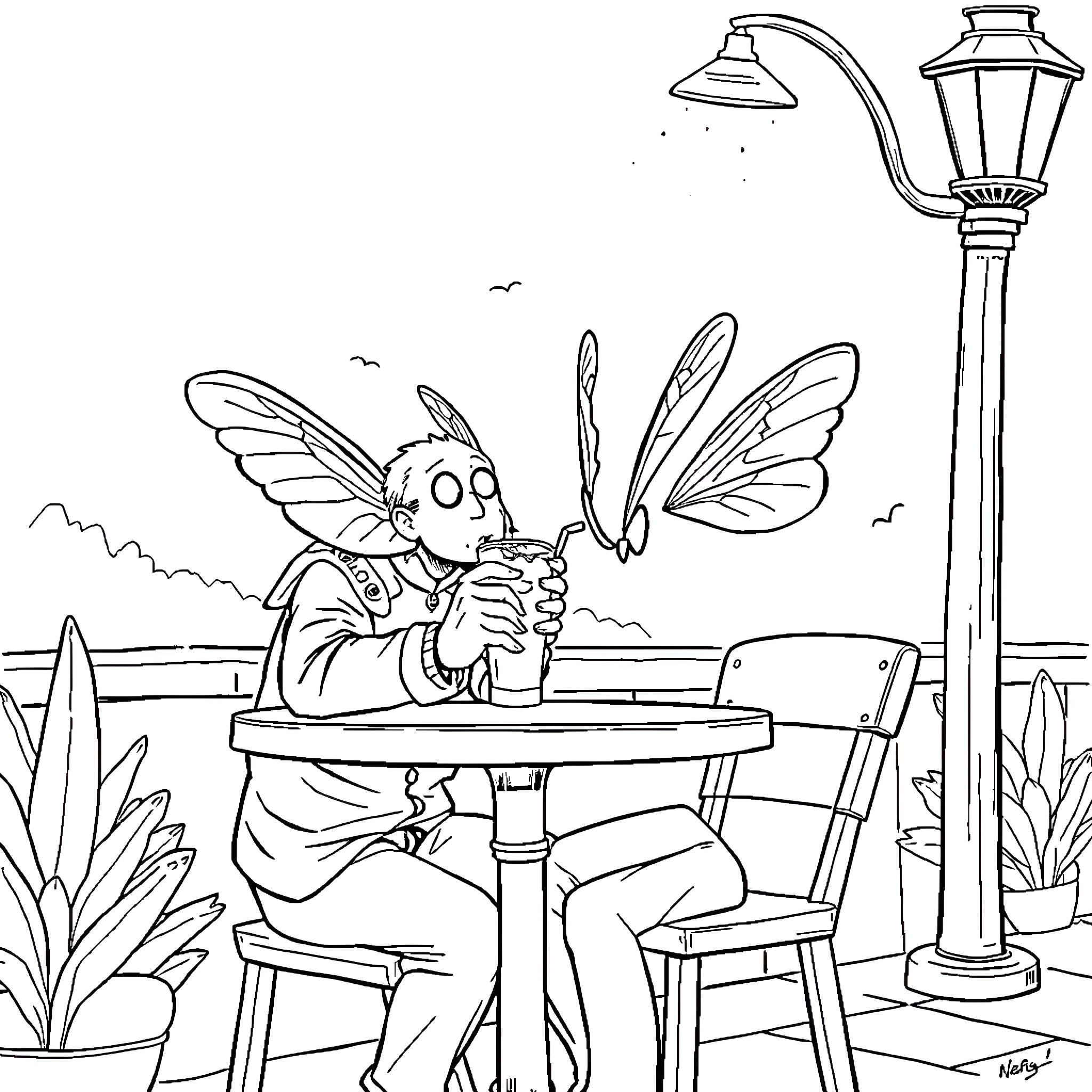 Moth Man enjoying a drink at outdoor cafe Coloring Page (free black-and-white line drawing printable PDF for all, from beginners to advanced learners, including children, teens, adults, and seniors)