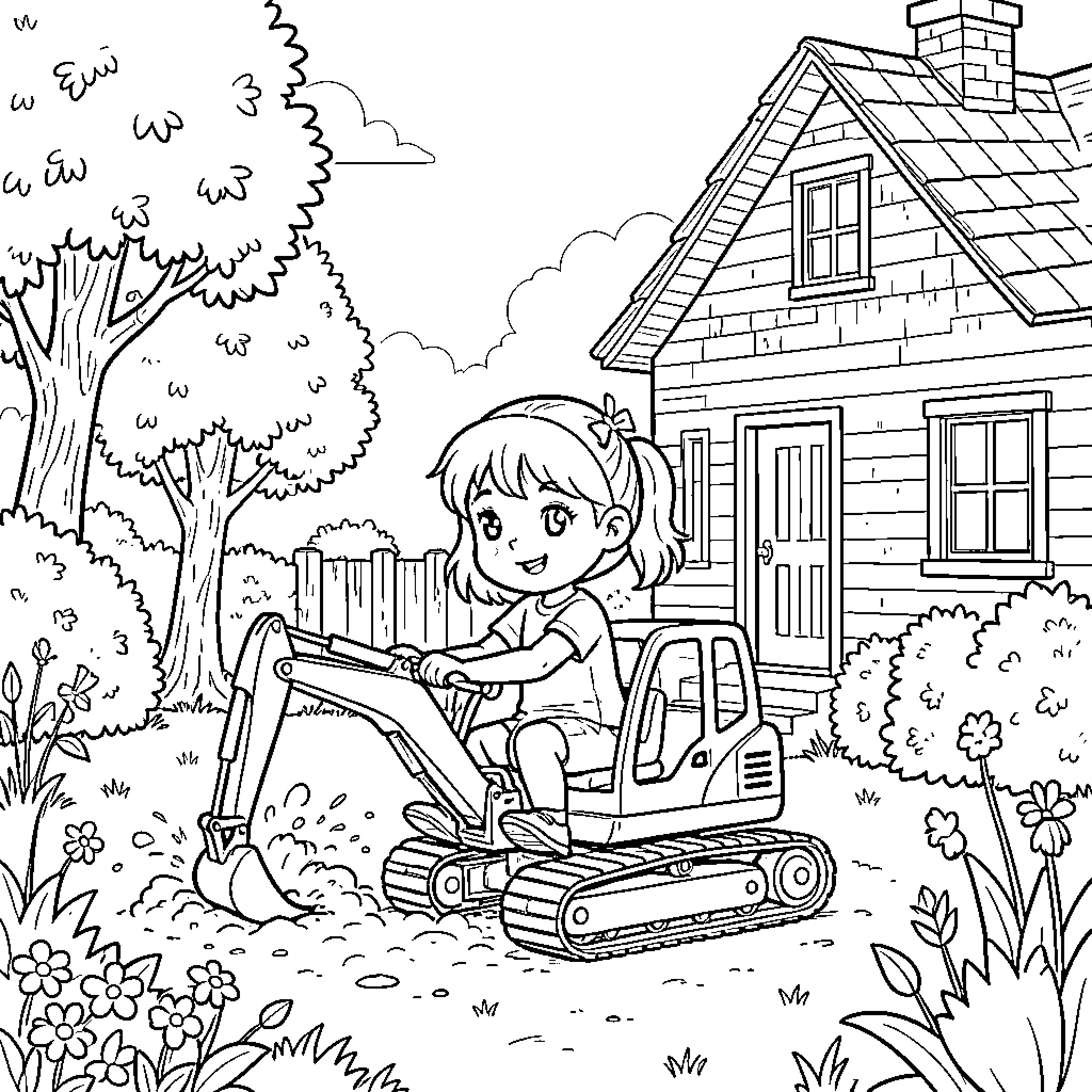 Fille operating a small excavator in her garden Coloring Page (free black-and-white line drawing printable PDF for all, from beginners to advanced learners, including children, teens, adults, and seniors)