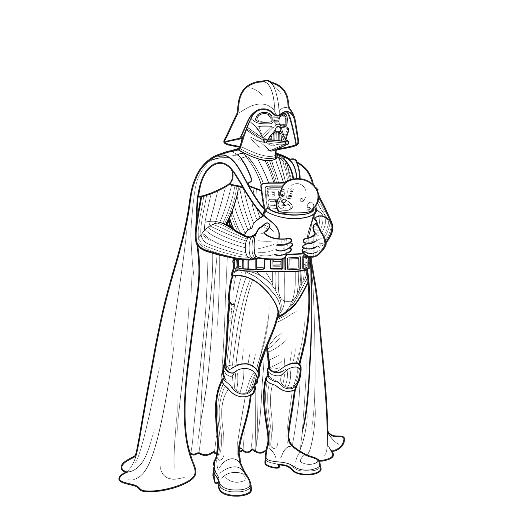 Darth Vader Holding Baby Yoda in Protective Stance Coloring Page (free black-and-white line drawing printable PDF for all, from beginners to advanced learners, including children, teens, adults, and seniors)