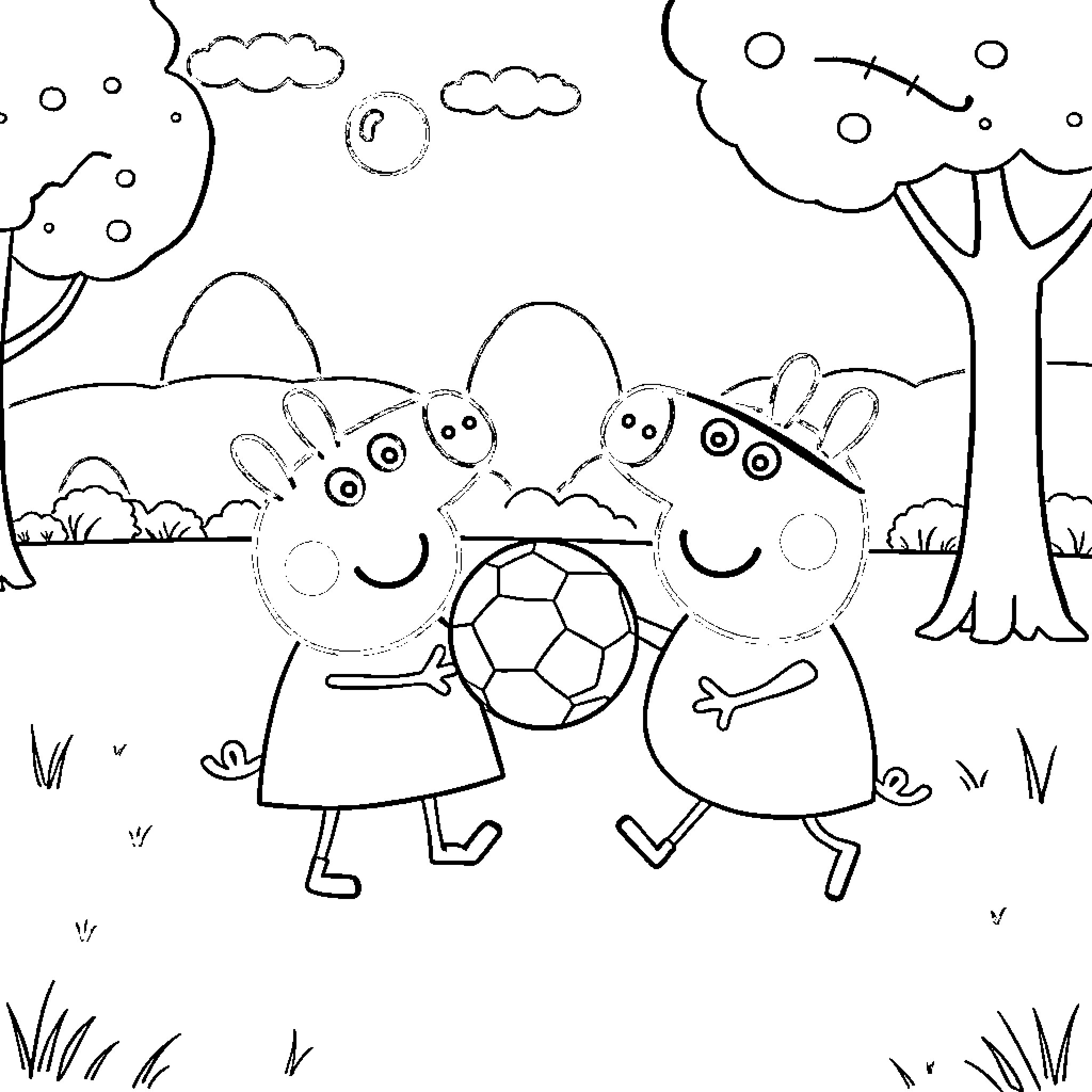 Peppa Pig and friends playing with a soccer ball outdoors Coloring Page (free black-and-white line drawing printable PDF for all, from beginners to advanced learners, including children, teens, adults, and seniors)