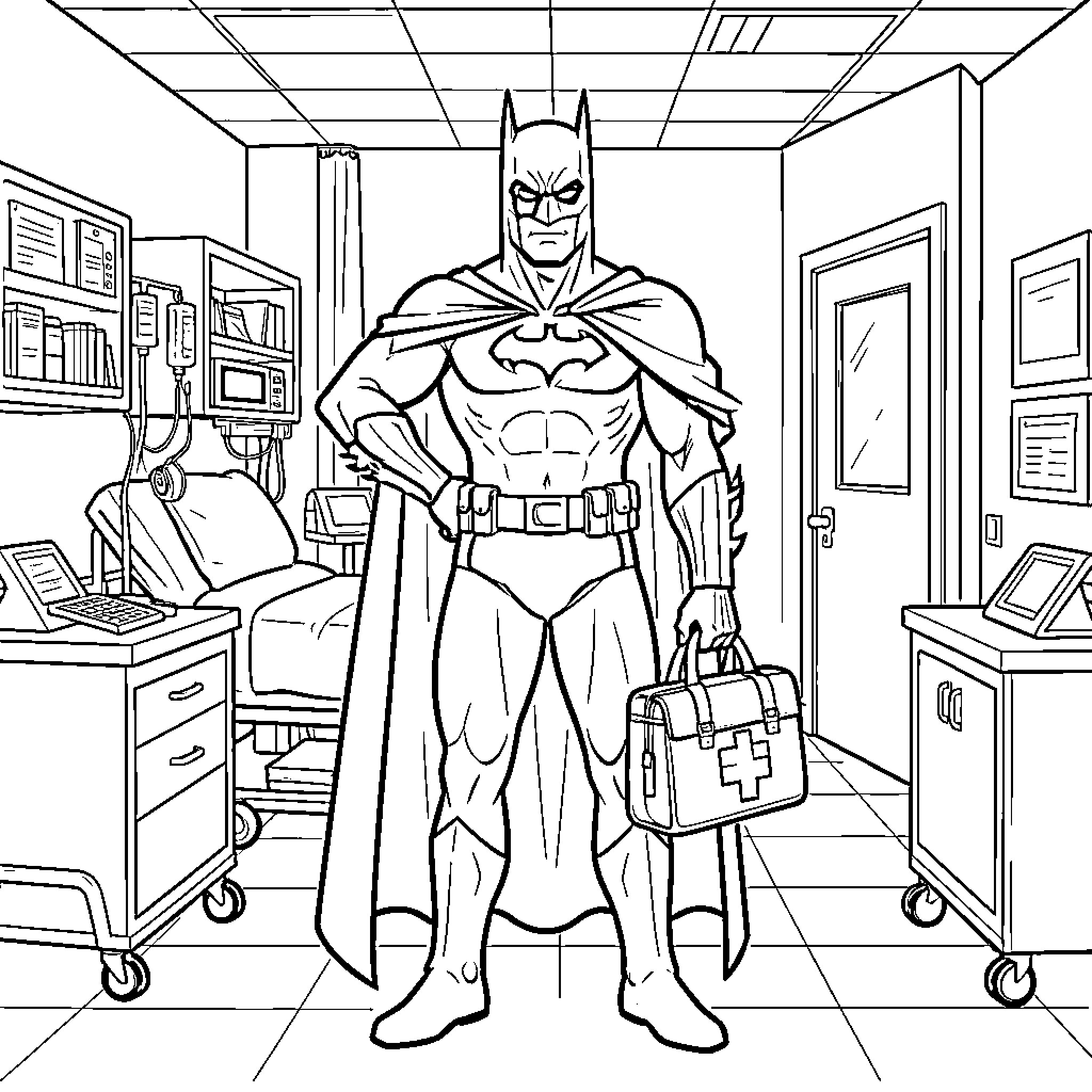 Doctor Batman standing heroically in a medical room Coloring Page (free black-and-white line drawing printable PDF for all, from beginners to advanced learners, including children, teens, adults, and seniors)