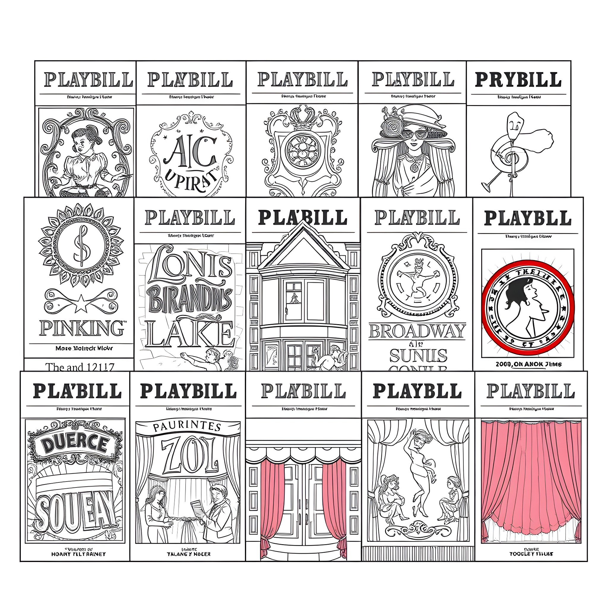 Playbill designs featuring diverse theatrical themes and imagery Coloring Page (free black-and-white line drawing printable PDF for all, from beginners to advanced learners, including children, teens, adults, and seniors)