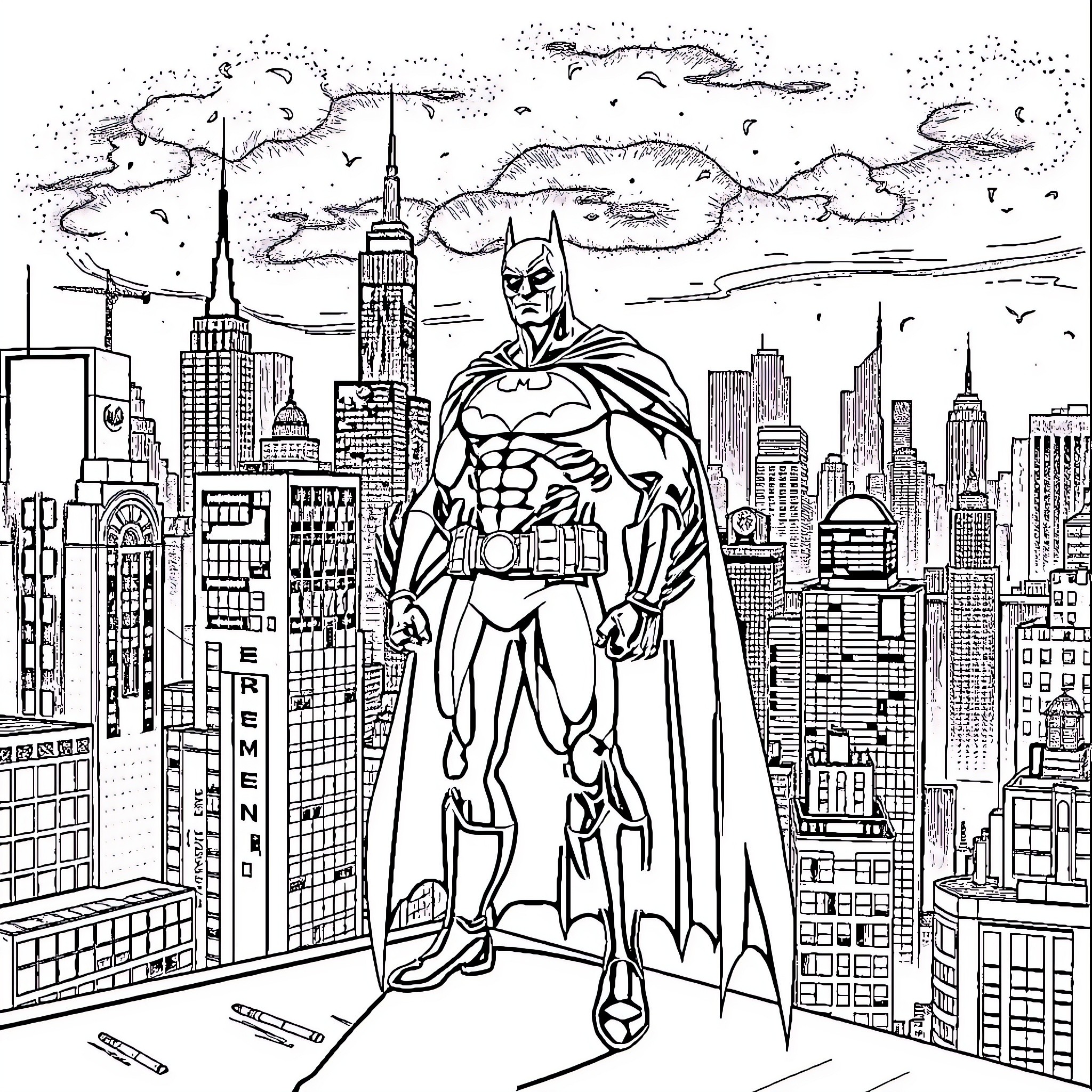 Batman overlooking the city skyline Coloring Page (free black-and-white line drawing printable PDF for all, from beginners to advanced learners, including children, teens, adults, and seniors)