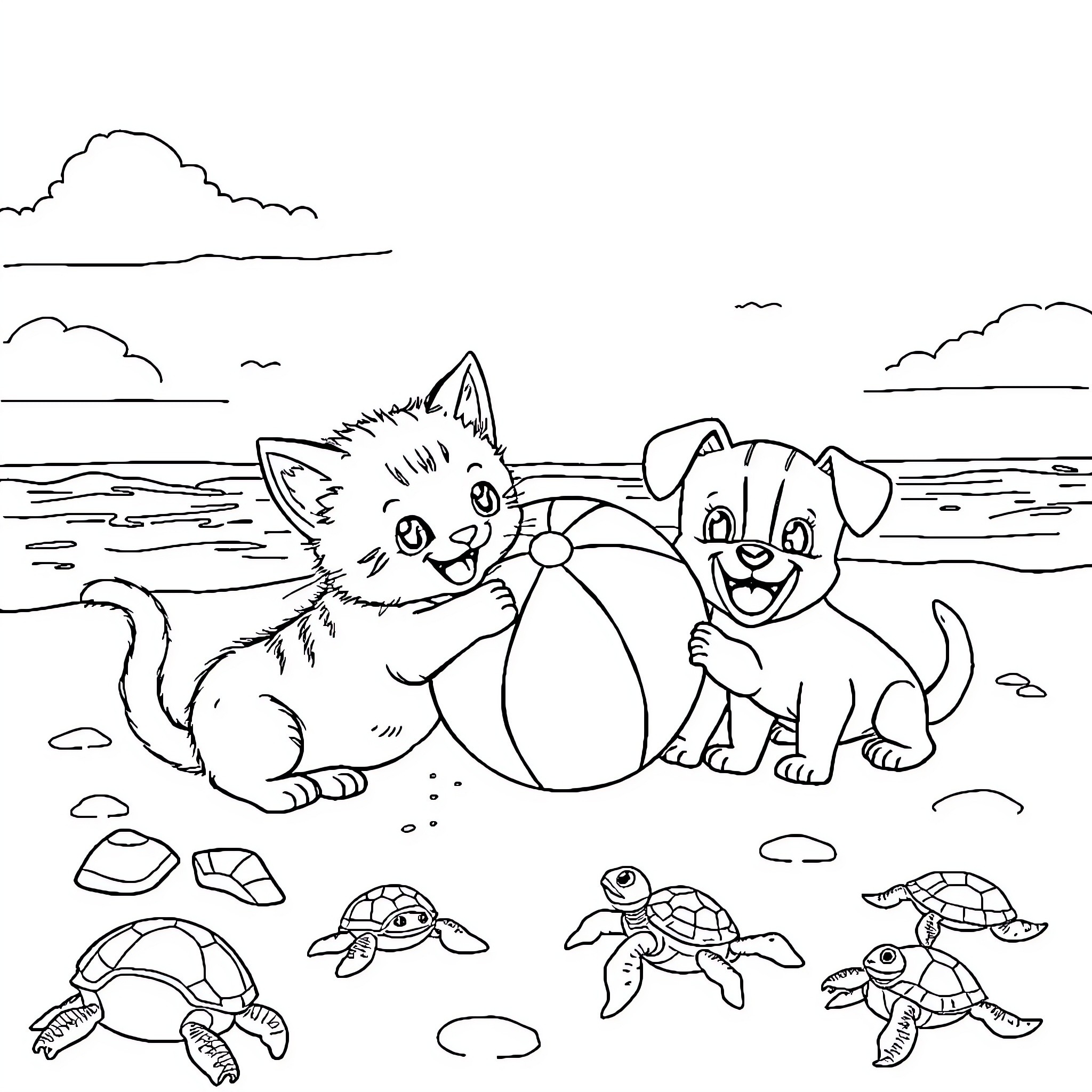 Cat and Puppy Playing with Beach Balls and Sea Turtles Coloring Page (free black-and-white line drawing printable PDF for all, from beginners to advanced learners, including children, teens, adults, and seniors)