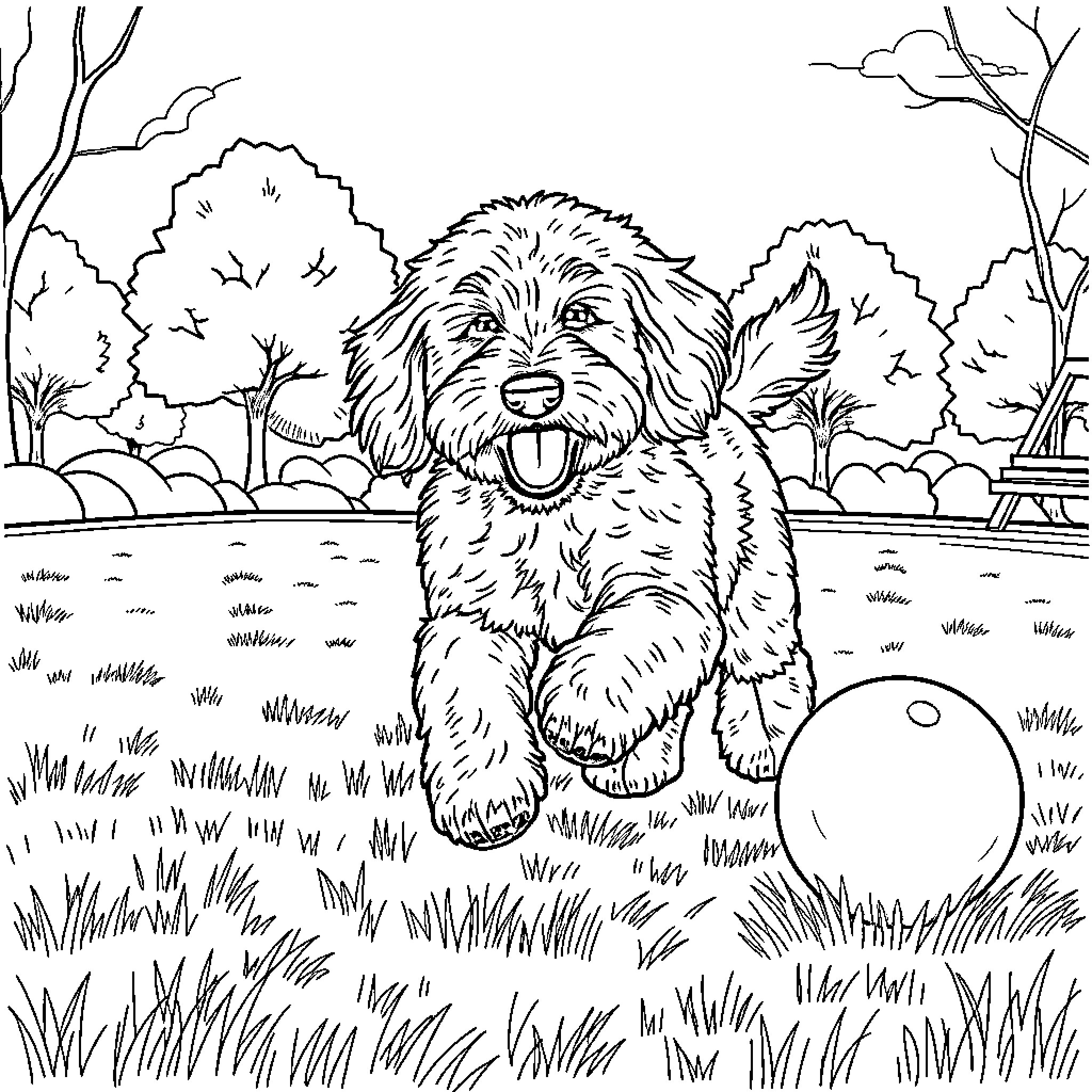 Doodle of a happy puppy playing in a park Coloring Page (free black-and-white line drawing printable PDF for all, from beginners to advanced learners, including children, teens, adults, and seniors)