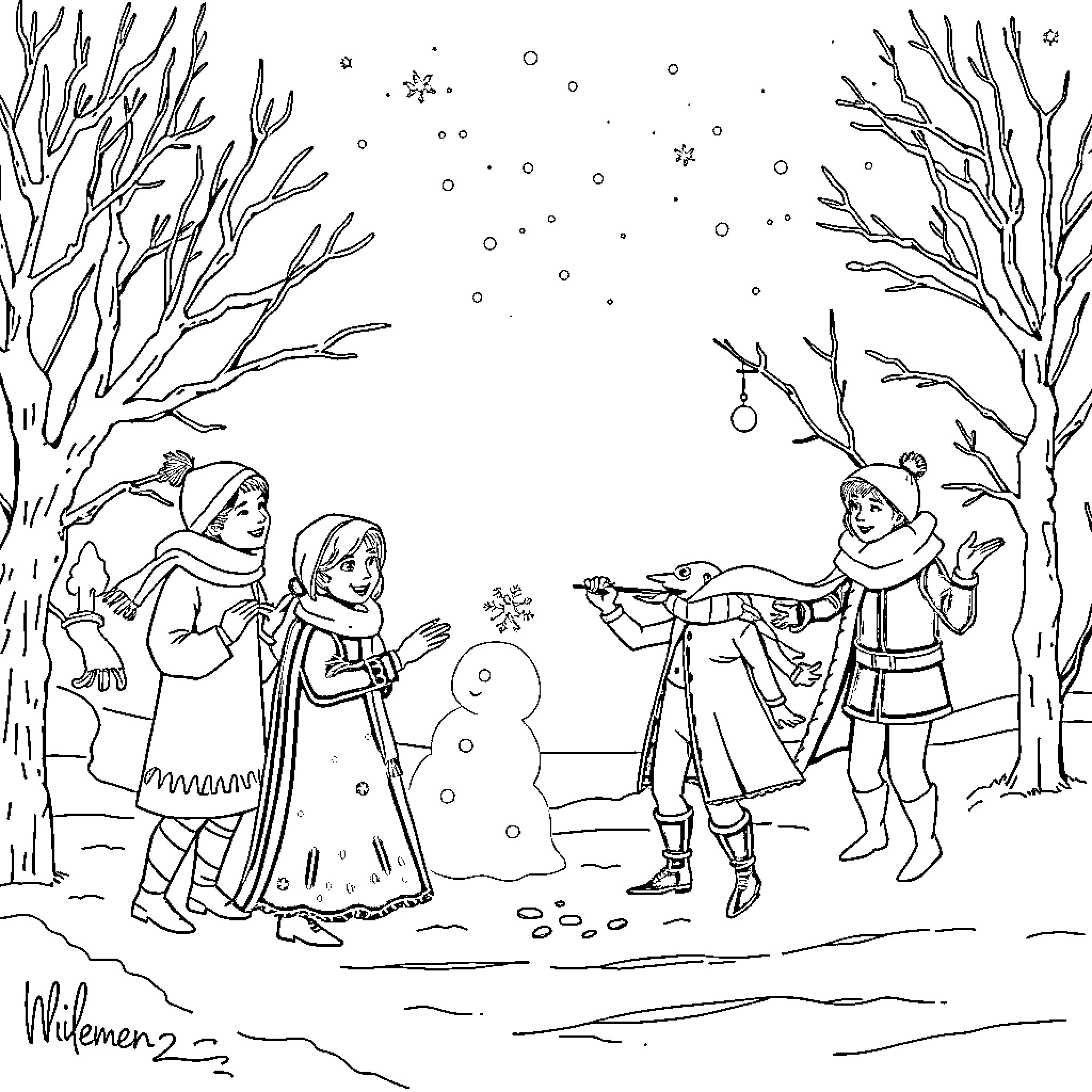 Frozen winter scene with children playing outside Coloring Page (free black-and-white line drawing printable PDF for all, from beginners to advanced learners, including children, teens, adults, and seniors)