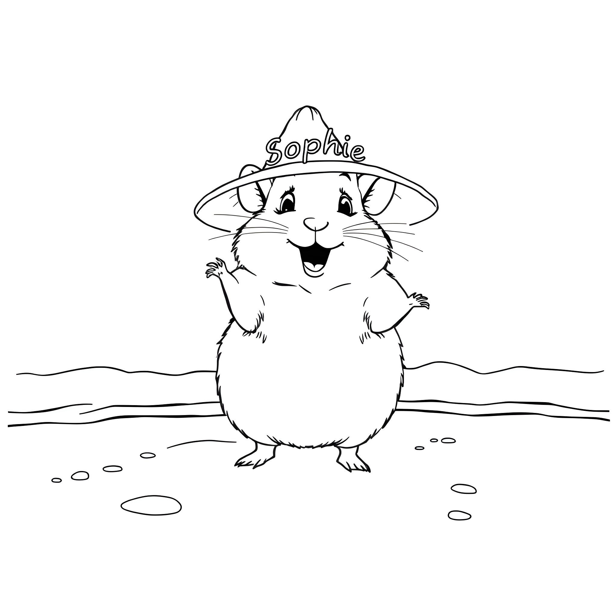 Hamster Sophie wearing a hat and smiling Coloring Page (free black-and-white line drawing printable PDF for all, from beginners to advanced learners, including children, teens, adults, and seniors)
