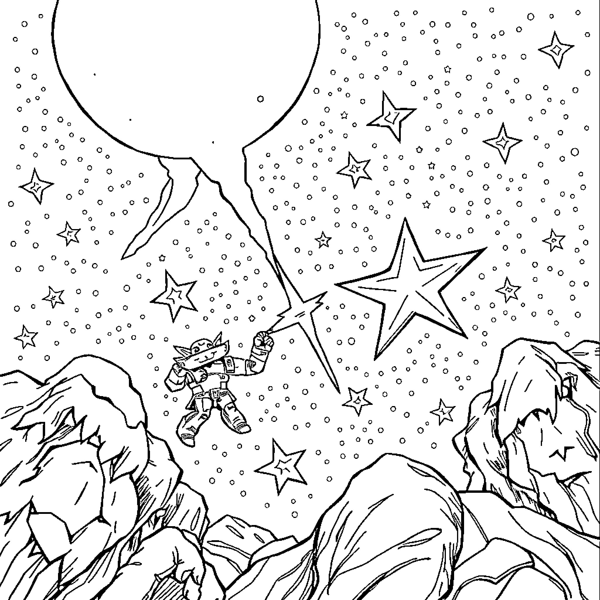 Browstar's Cosmic Adventure Coloring Page (free black-and-white line drawing printable PDF for all, from beginners to advanced learners, including children, teens, adults, and seniors)