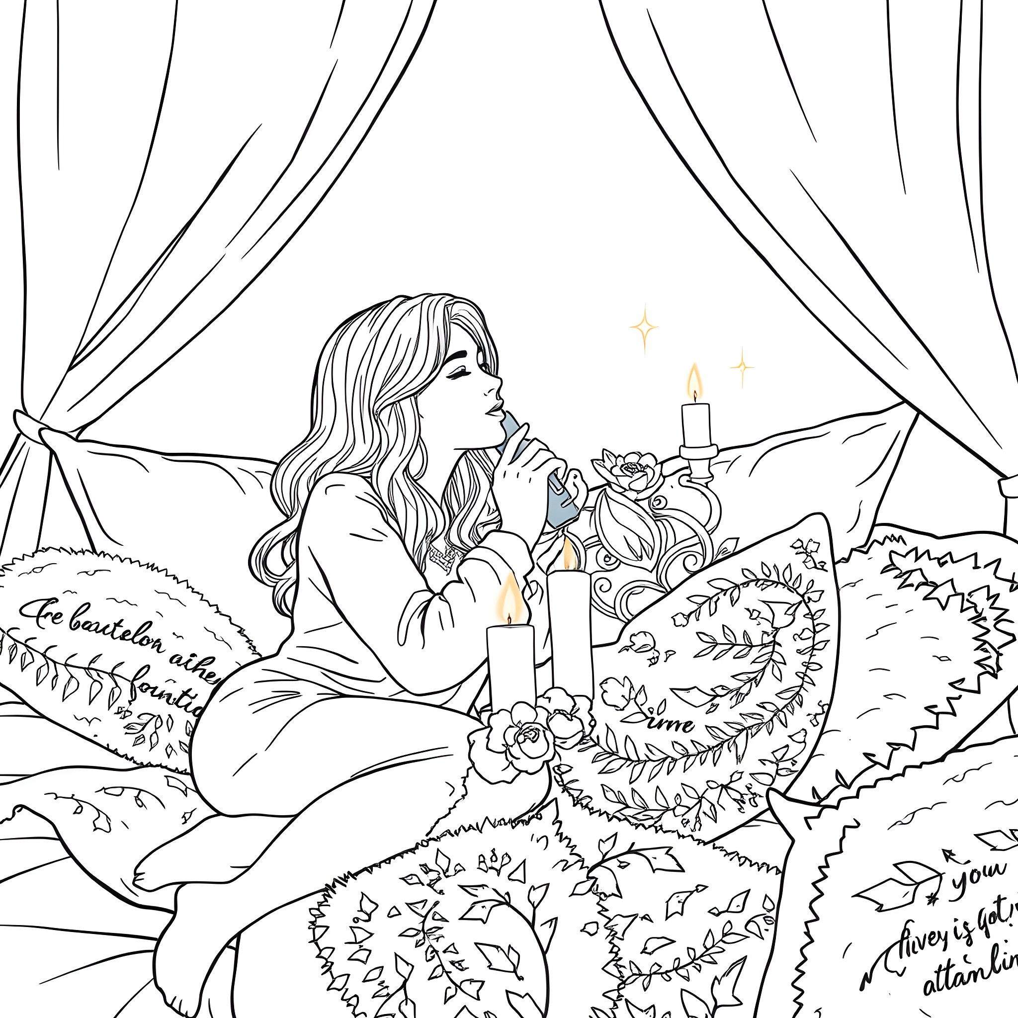 Sabrina Carpenter enjoying a cozy moment with floral decor Coloring Page (free black-and-white line drawing printable PDF for all, from beginners to advanced learners, including children, teens, adults, and seniors)