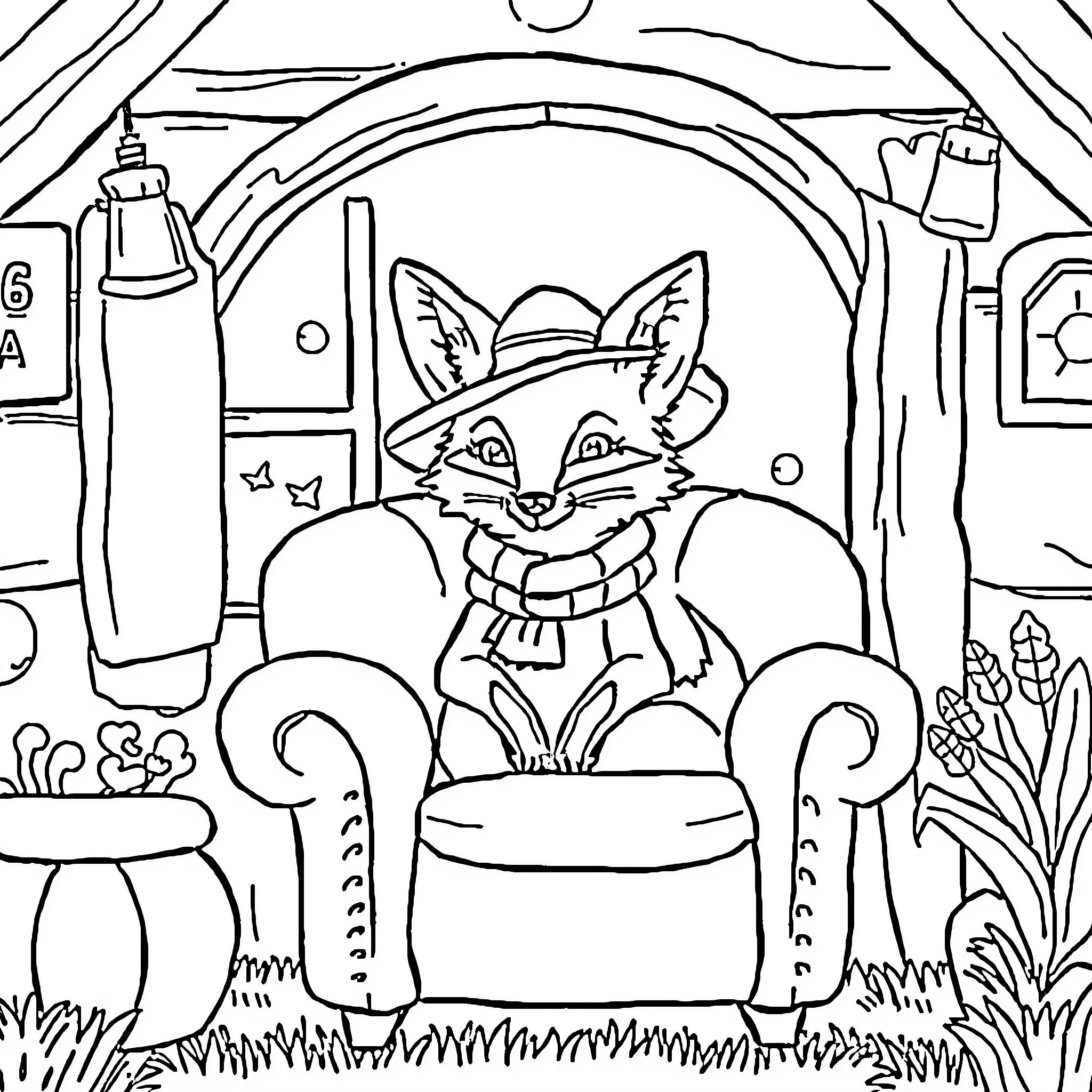 Fox relaxing in cozy armchair indoors Coloring Page (free black-and-white line drawing printable PDF for all, from beginners to advanced learners, including children, teens, adults, and seniors)