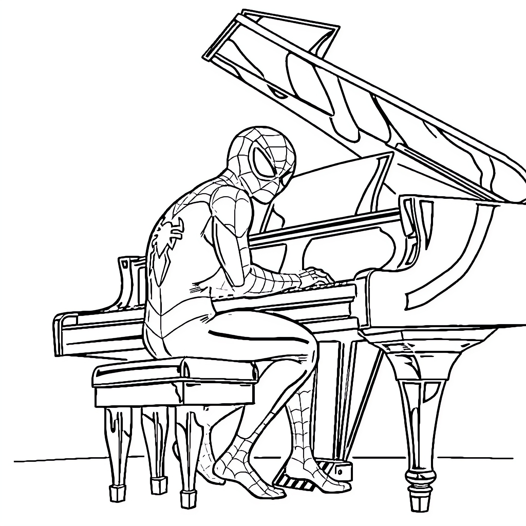 Spiderman playing piano with grace Coloring Page (free black-and-white line drawing printable PDF for all, from beginners to advanced learners, including children, teens, adults, and seniors)