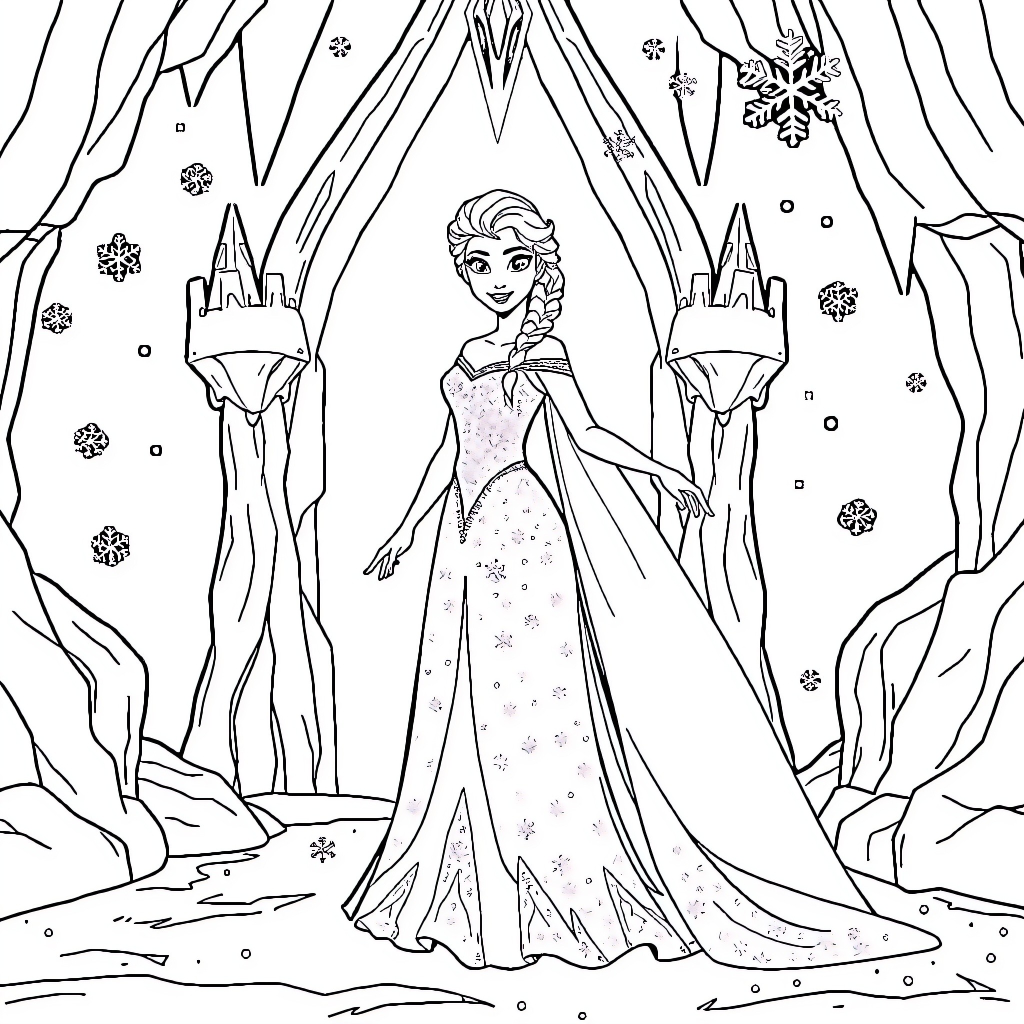 Princess Elsa enjoying the winter wonderland Coloring Page (free black-and-white line drawing printable PDF for all, from beginners to advanced learners, including children, teens, adults, and seniors)