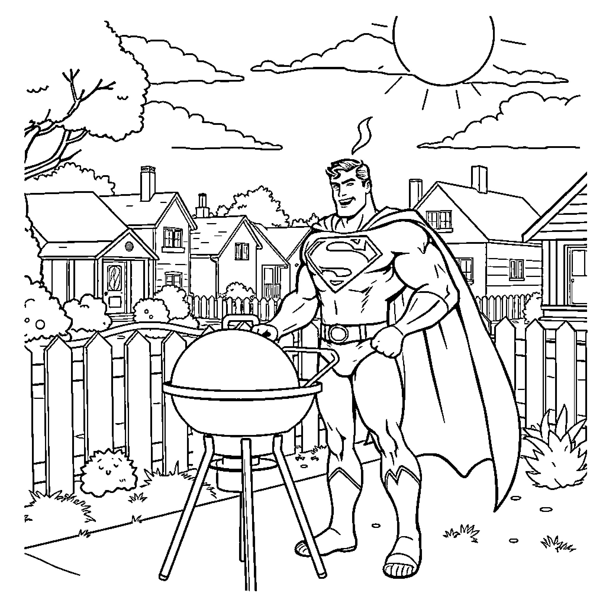 Superman grilling outdoors in neighborhood setting Coloring Page (free black-and-white line drawing printable PDF for all, from beginners to advanced learners, including children, teens, adults, and seniors)