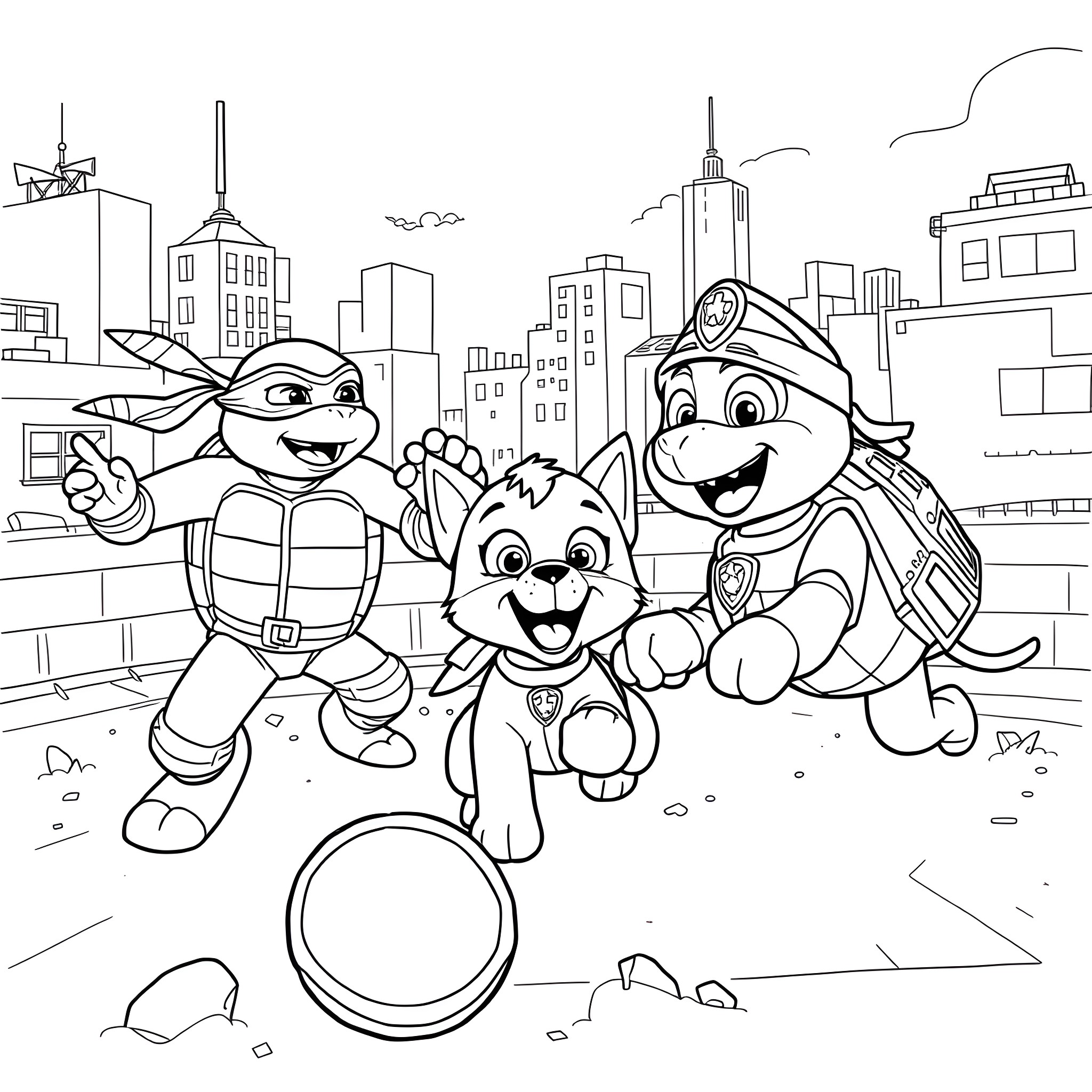 Ninja Turtles exploring the city with friends Coloring Page (free black-and-white line drawing printable PDF for all, from beginners to advanced learners, including children, teens, adults, and seniors)