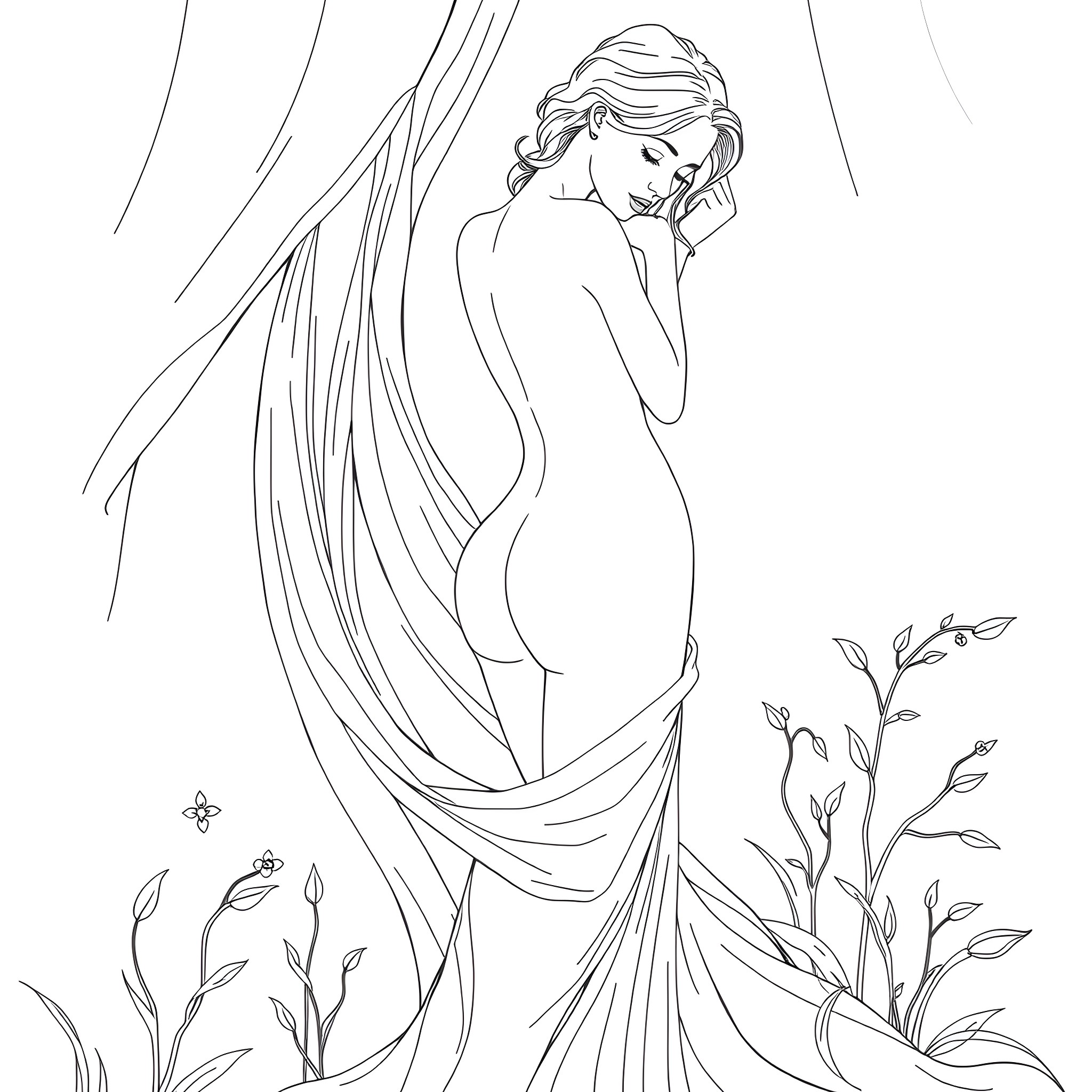 Woman in a flowing dress amidst floral elements Coloring Page (free black-and-white line drawing printable PDF for all, from beginners to advanced learners, including children, teens, adults, and seniors)