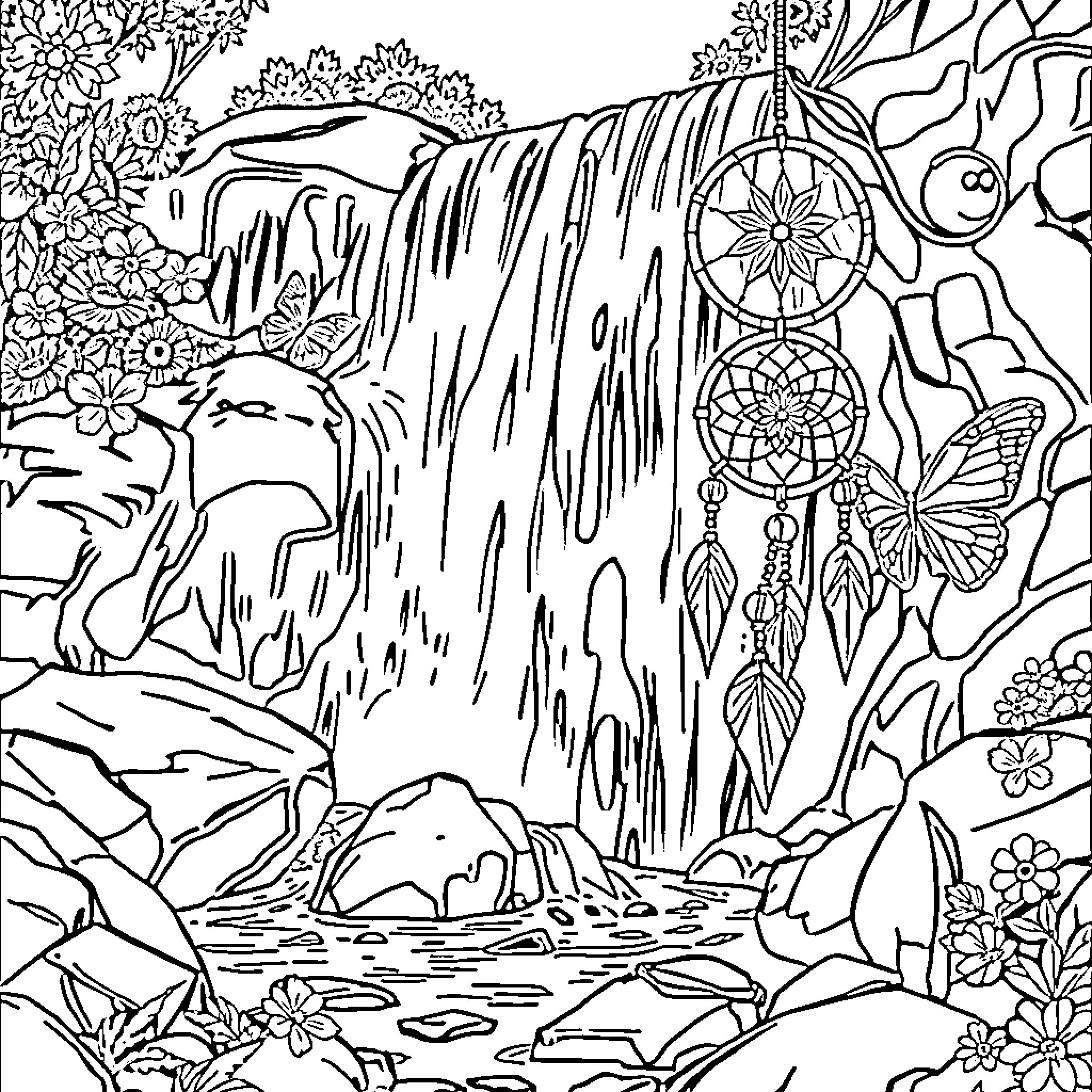 Waterfall amidst dreamcatchers and floral scenery Coloring Page (free black-and-white line drawing printable PDF for all, from beginners to advanced learners, including children, teens, adults, and seniors)