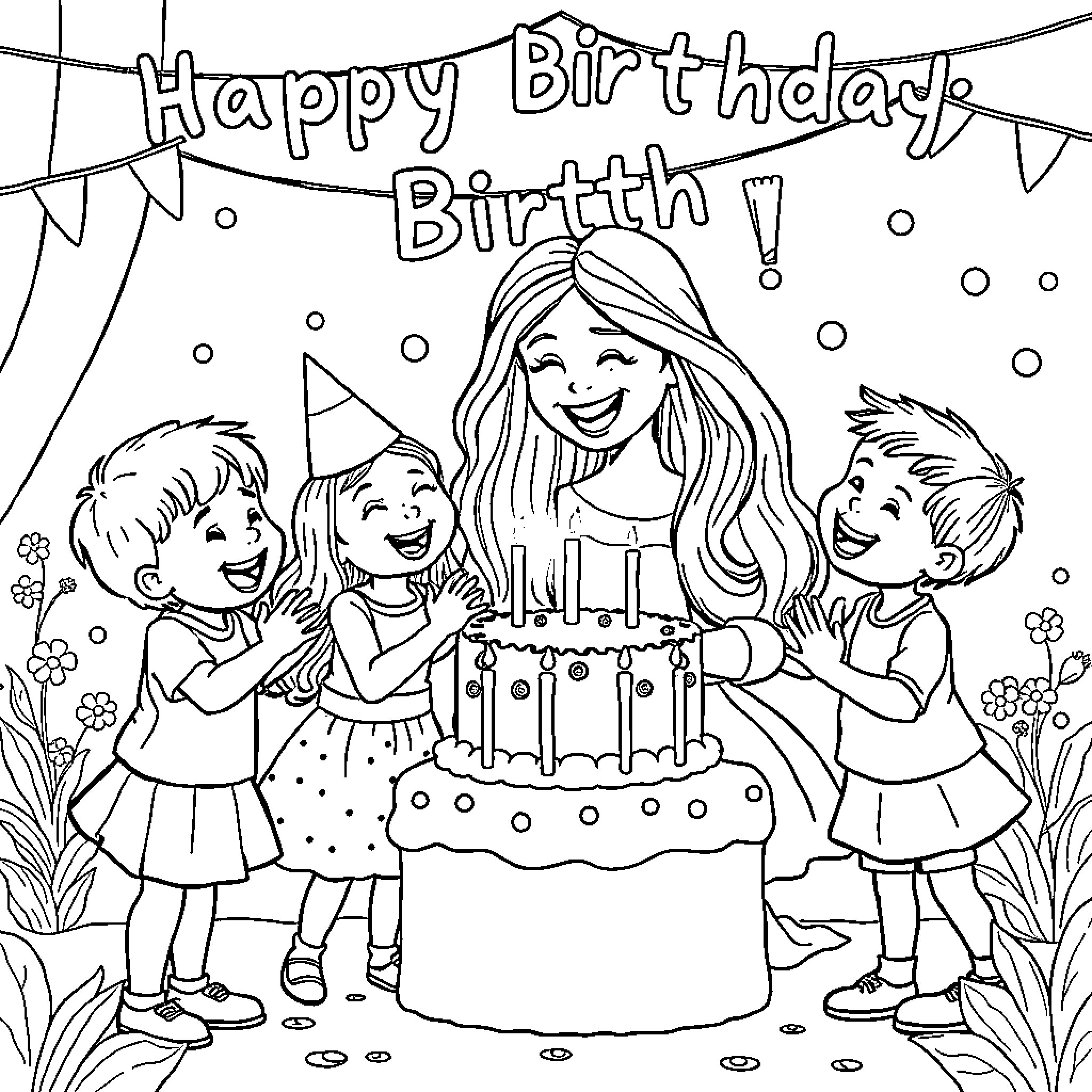 Mommy celebrating a happy birthday with children Coloring Page (free black-and-white line drawing printable PDF for all, from beginners to advanced learners, including children, teens, adults, and seniors)