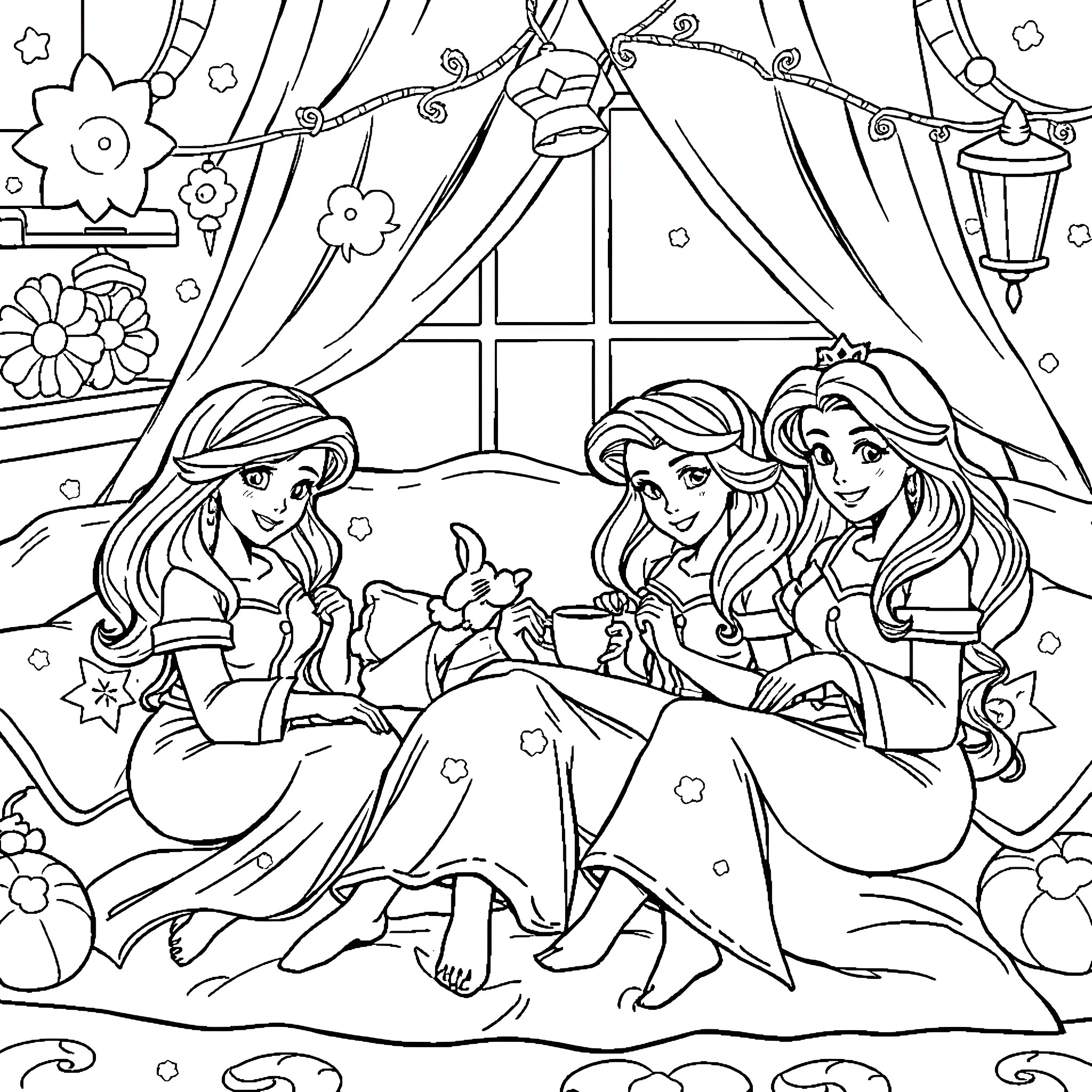 Disney Princess Girls Enjoying Tea Party Coloring Page (free black-and-white line drawing printable PDF for all, from beginners to advanced learners, including children, teens, adults, and seniors)