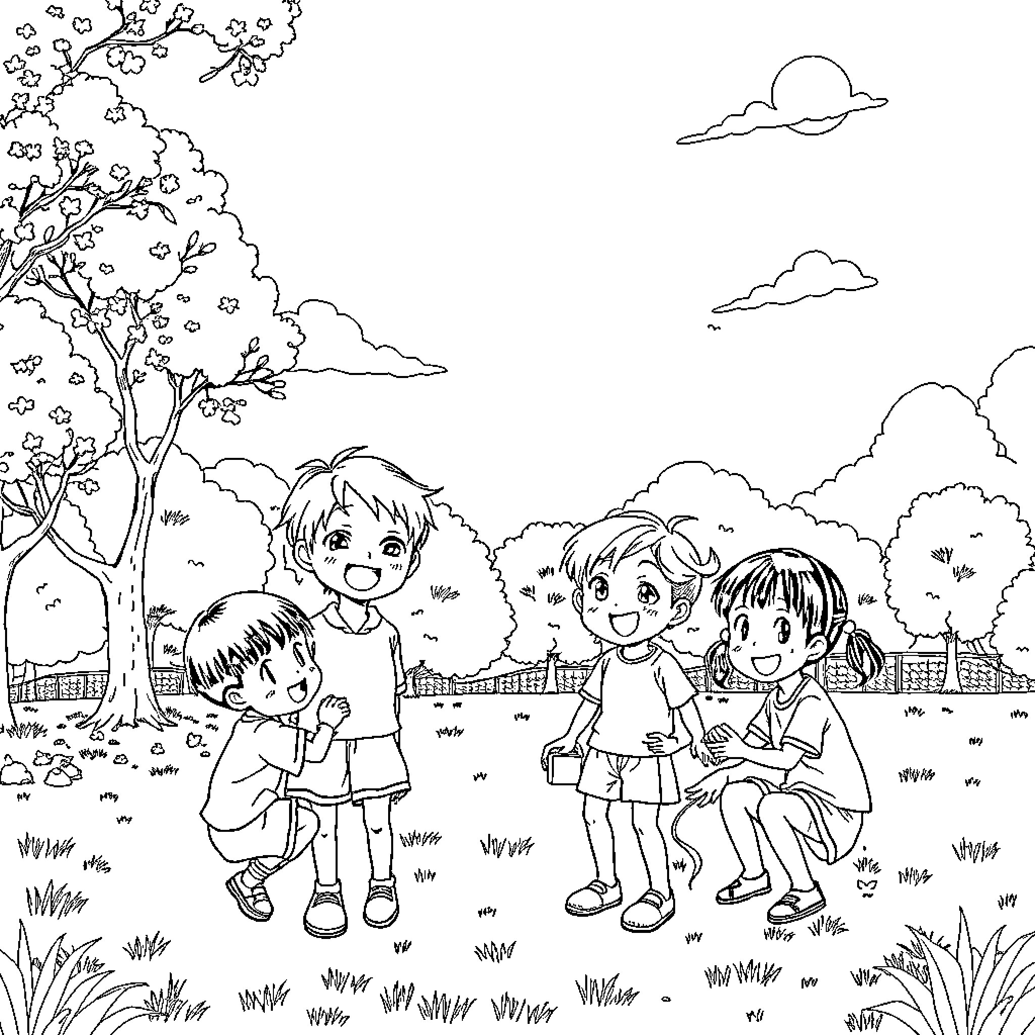 Manga Young Friends Enjoying Outdoor Adventure Coloring Page (free black-and-white line drawing printable PDF for all, from beginners to advanced learners, including children, teens, adults, and seniors)
