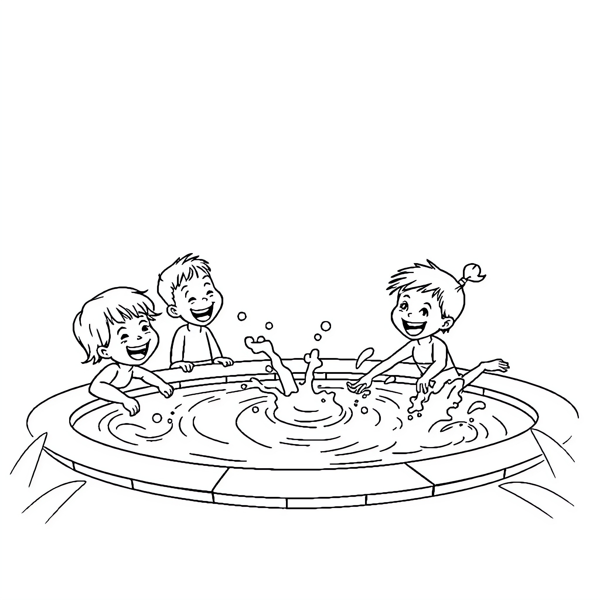 Swimming Pool Fun with Children Coloring Page (free black-and-white line drawing printable PDF for all, from beginners to advanced learners, including children, teens, adults, and seniors)