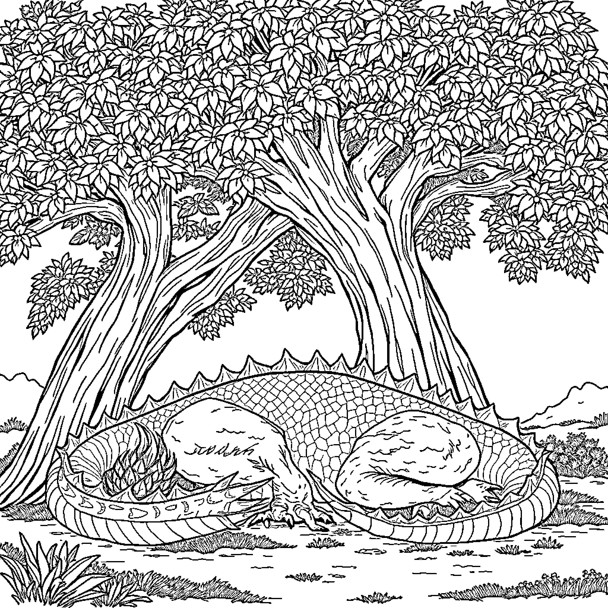 Dragon Resting Under Leafy Tree Coloring Page (free black-and-white line drawing printable PDF for all, from beginners to advanced learners, including children, teens, adults, and seniors)