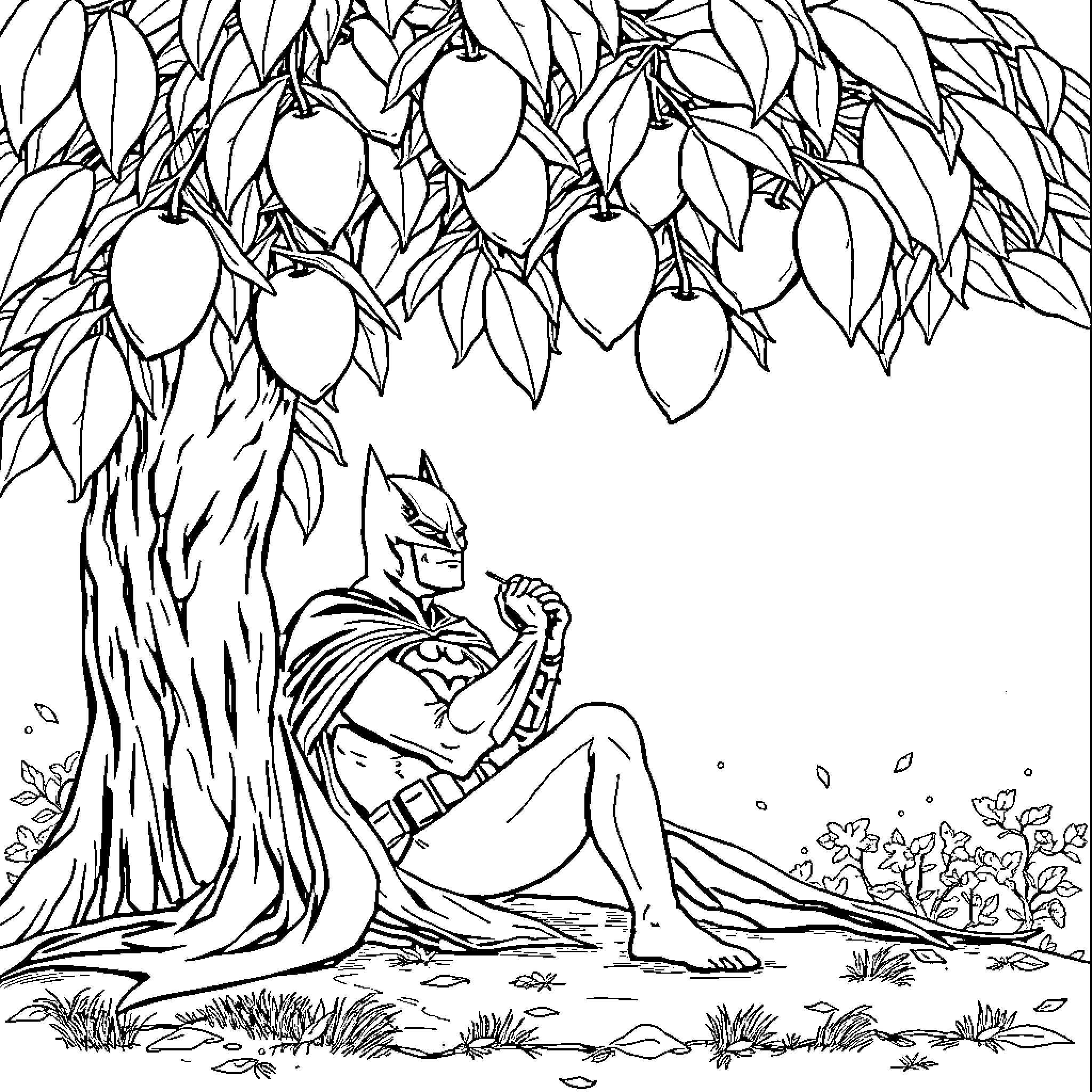 Batman resting under a fruit-bearing tree Coloring Page (free black-and-white line drawing printable PDF for all, from beginners to advanced learners, including children, teens, adults, and seniors)